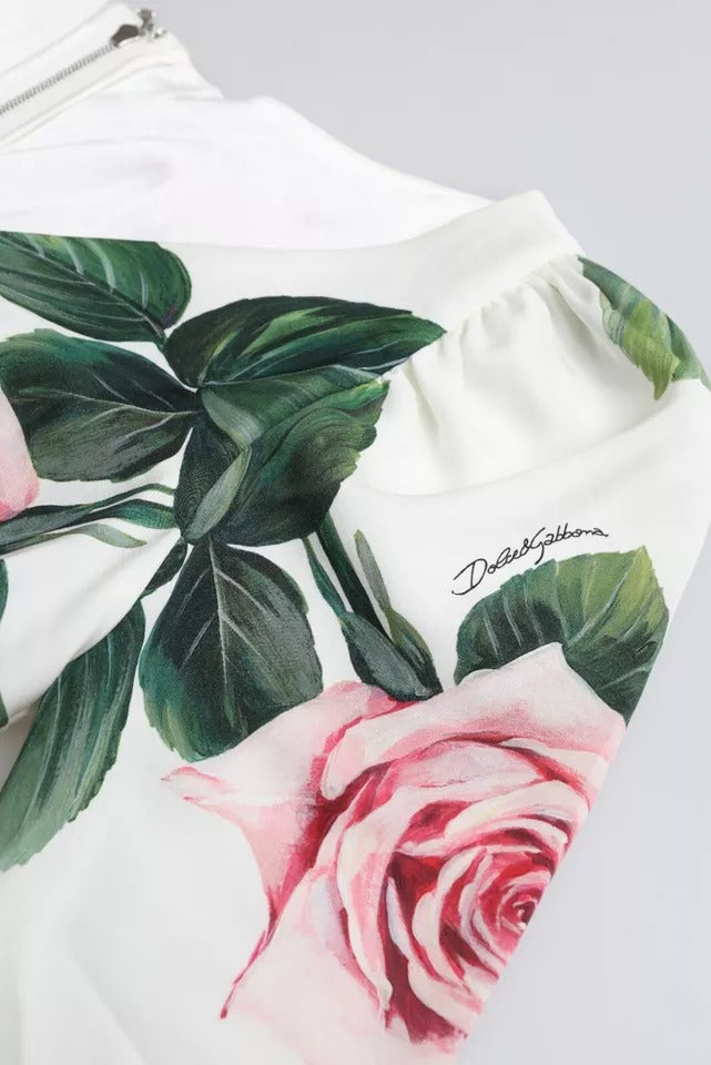 Dolce & Gabbana White Roses Print Stretch Silk Pleated Dress LUNESCAPE