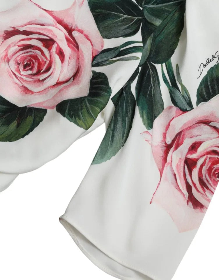 Dolce & Gabbana White Roses Print Stretch Silk Pleated Dress LUNESCAPE