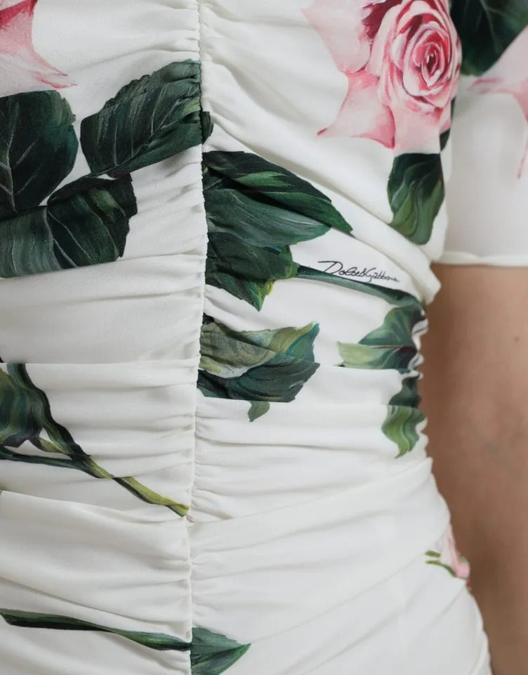 Dolce & Gabbana White Roses Print Stretch Silk Pleated Dress LUNESCAPE