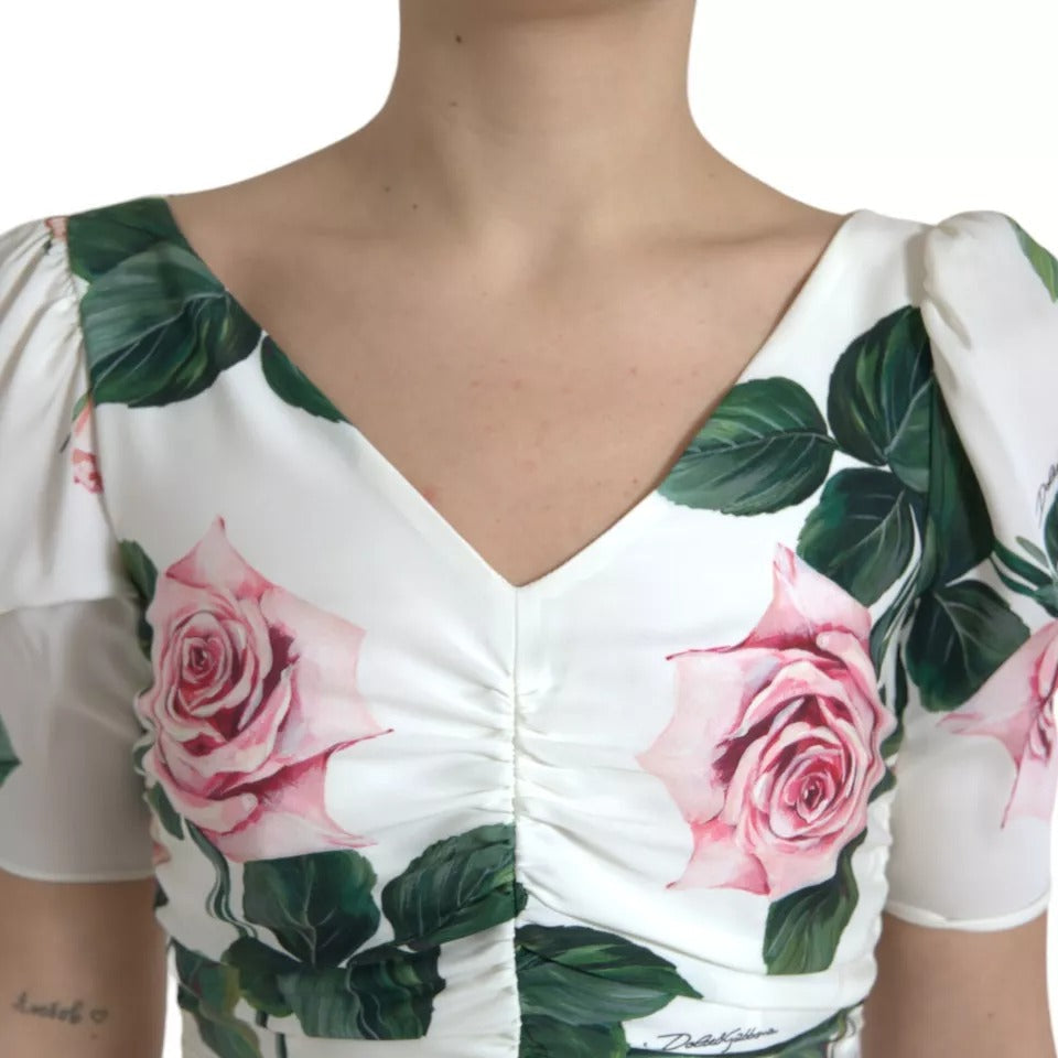 Dolce & Gabbana White Roses Print Stretch Silk Pleated Dress LUNESCAPE