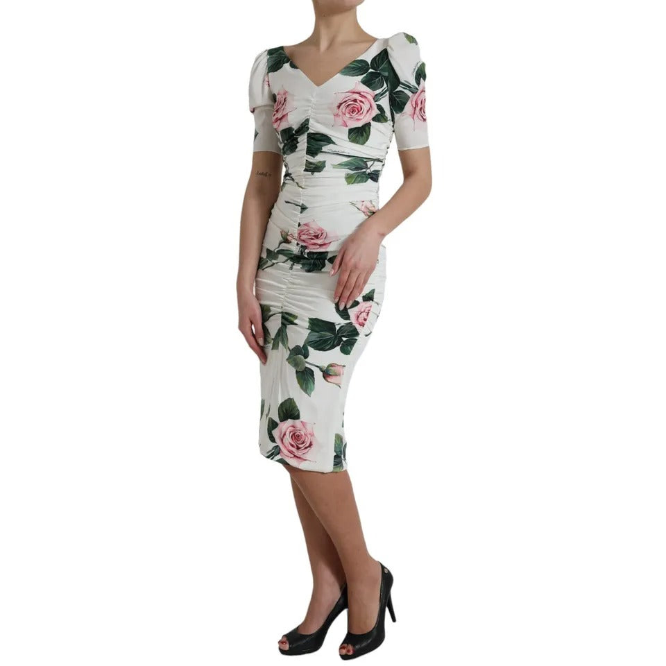 Dolce & Gabbana White Roses Print Stretch Silk Pleated Dress LUNESCAPE