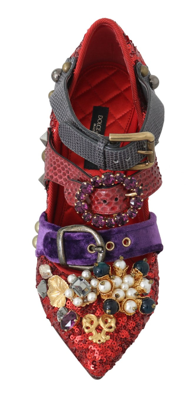 Dolce & Gabbana Red Sequined Crystal Studs Heels Shoes LUNESCAPE