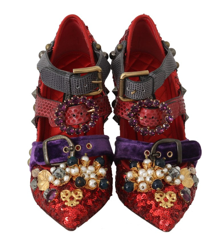 Dolce & Gabbana Red Sequined Crystal Studs Heels Shoes LUNESCAPE