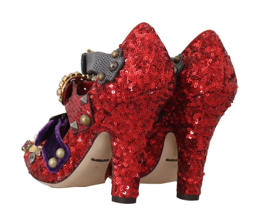Dolce & Gabbana Red Sequined Crystal Studs Heels Shoes LUNESCAPE