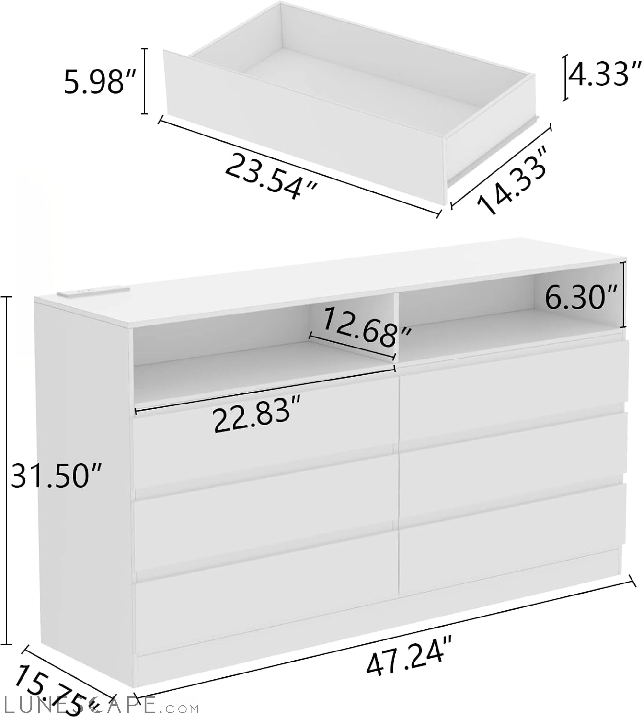6 Drawer Double Dresser with Power Outlet, Accent Chests of Drawers LUNESCAPE