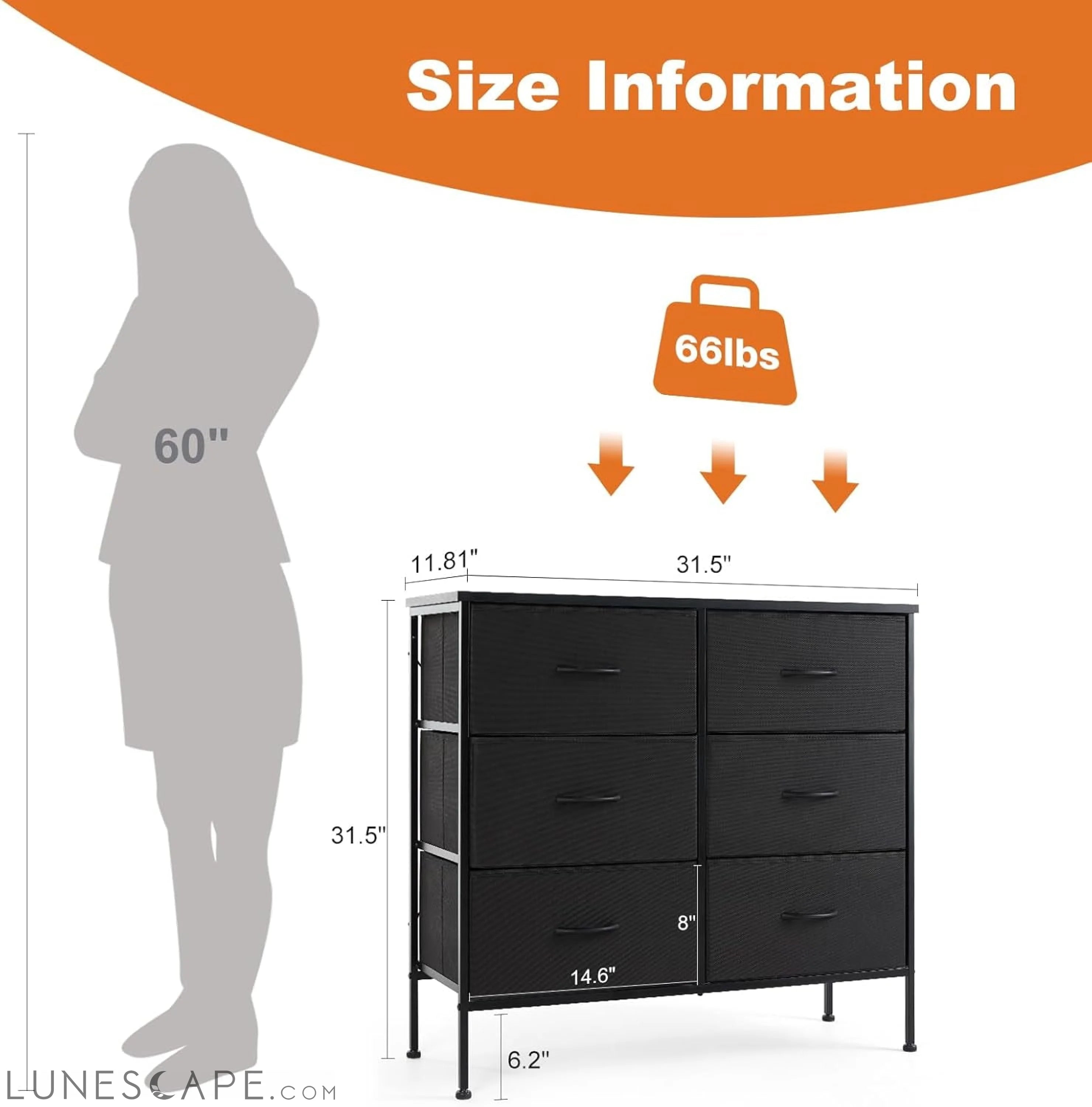 6 Drawer Dresser for Bedroom, Fabric Chest of Drawers Dressers, LUNESCAPE