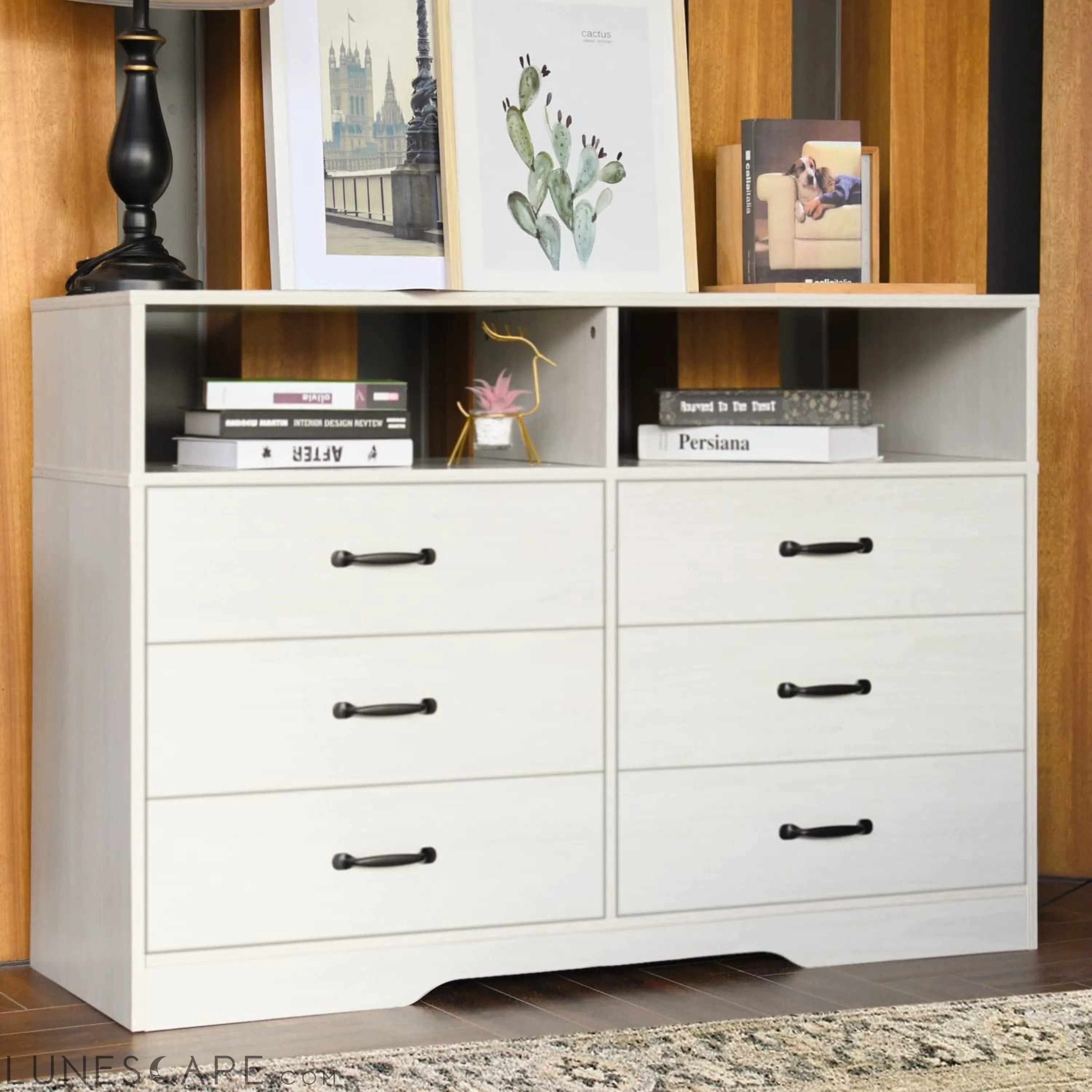 6 Drawer Dresser, White, Modern Wood with Shelves LUNESCAPE