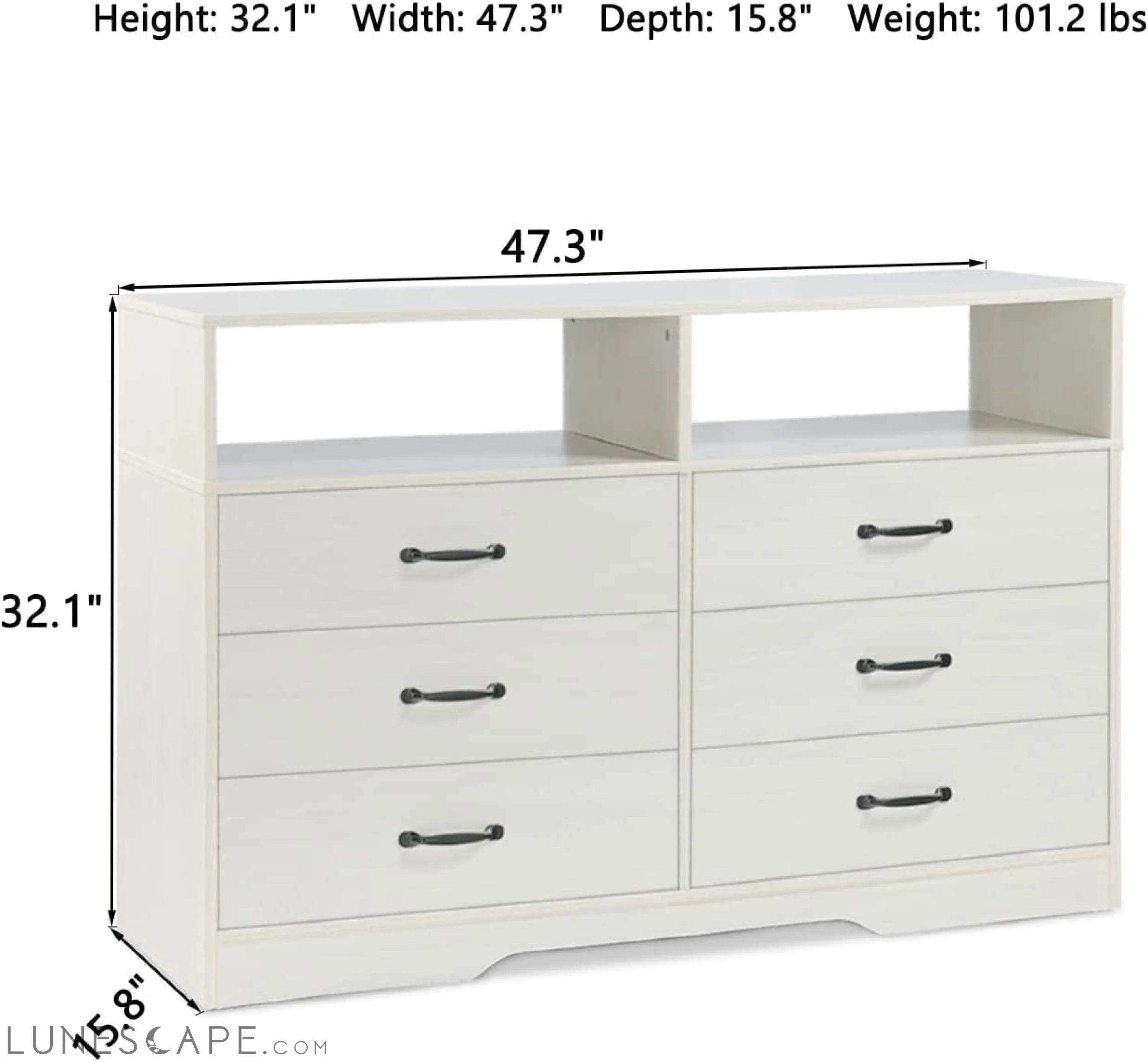 6 Drawer Dresser, White, Modern Wood with Shelves LUNESCAPE