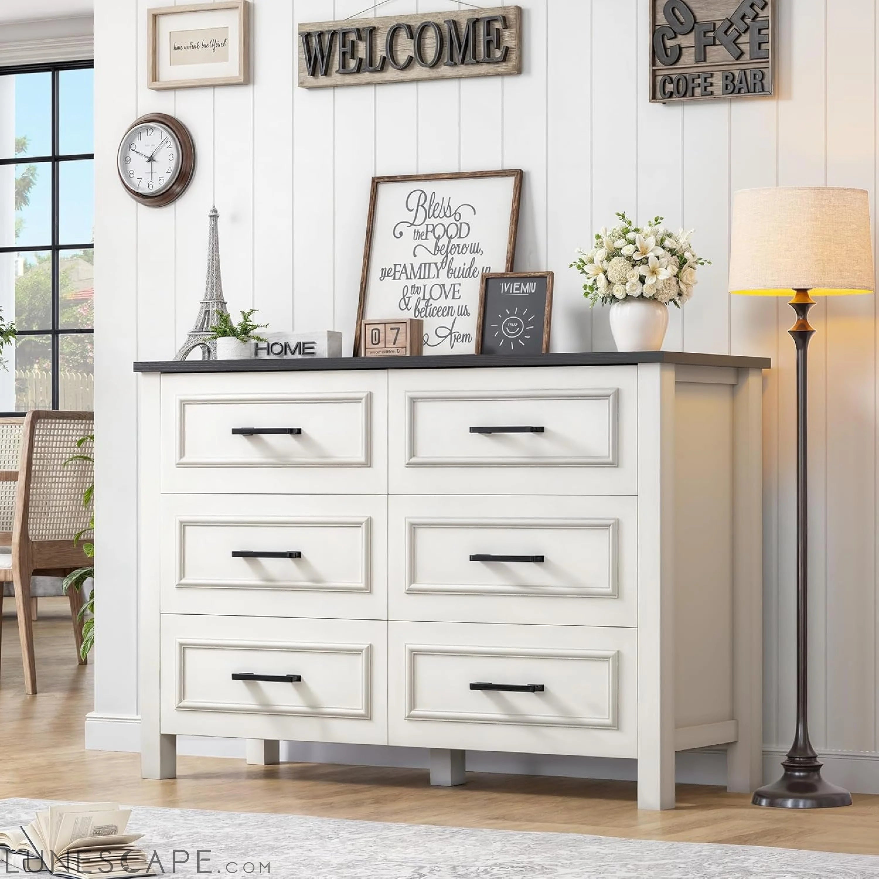 6-Drawer Dresser with Built-In Power Outlet, Wood Dresser TV Stand LUNESCAPE