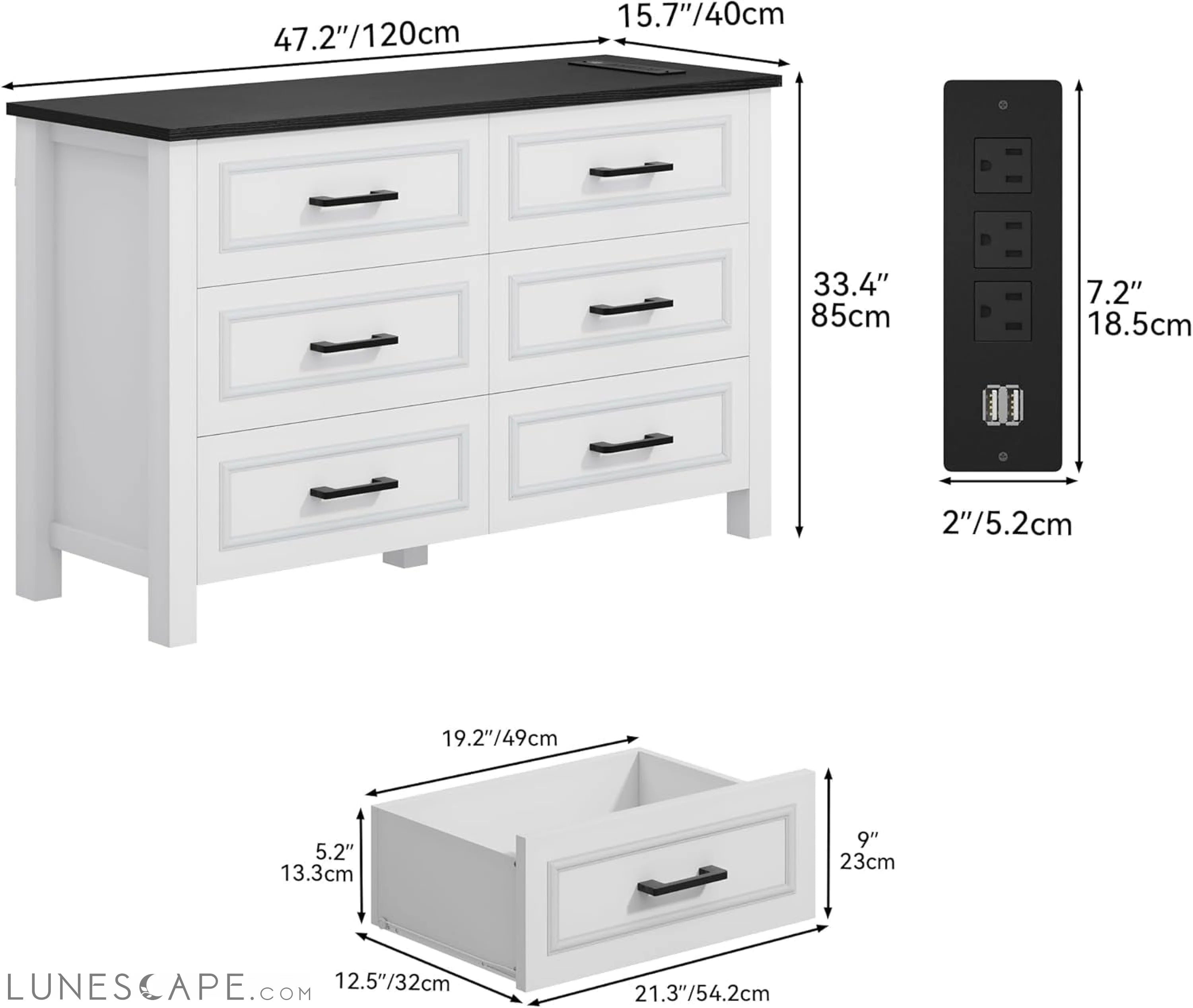6-Drawer Dresser with Built-In Power Outlet, Wood Dresser TV Stand LUNESCAPE
