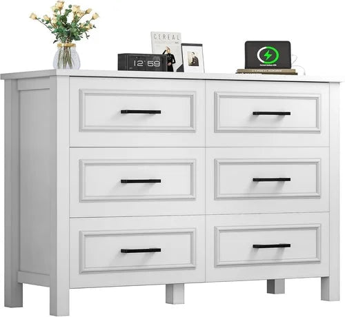 6-Drawer Dresser with Built-In Power Outlet, Wood Dresser TV Stand LUNESCAPE