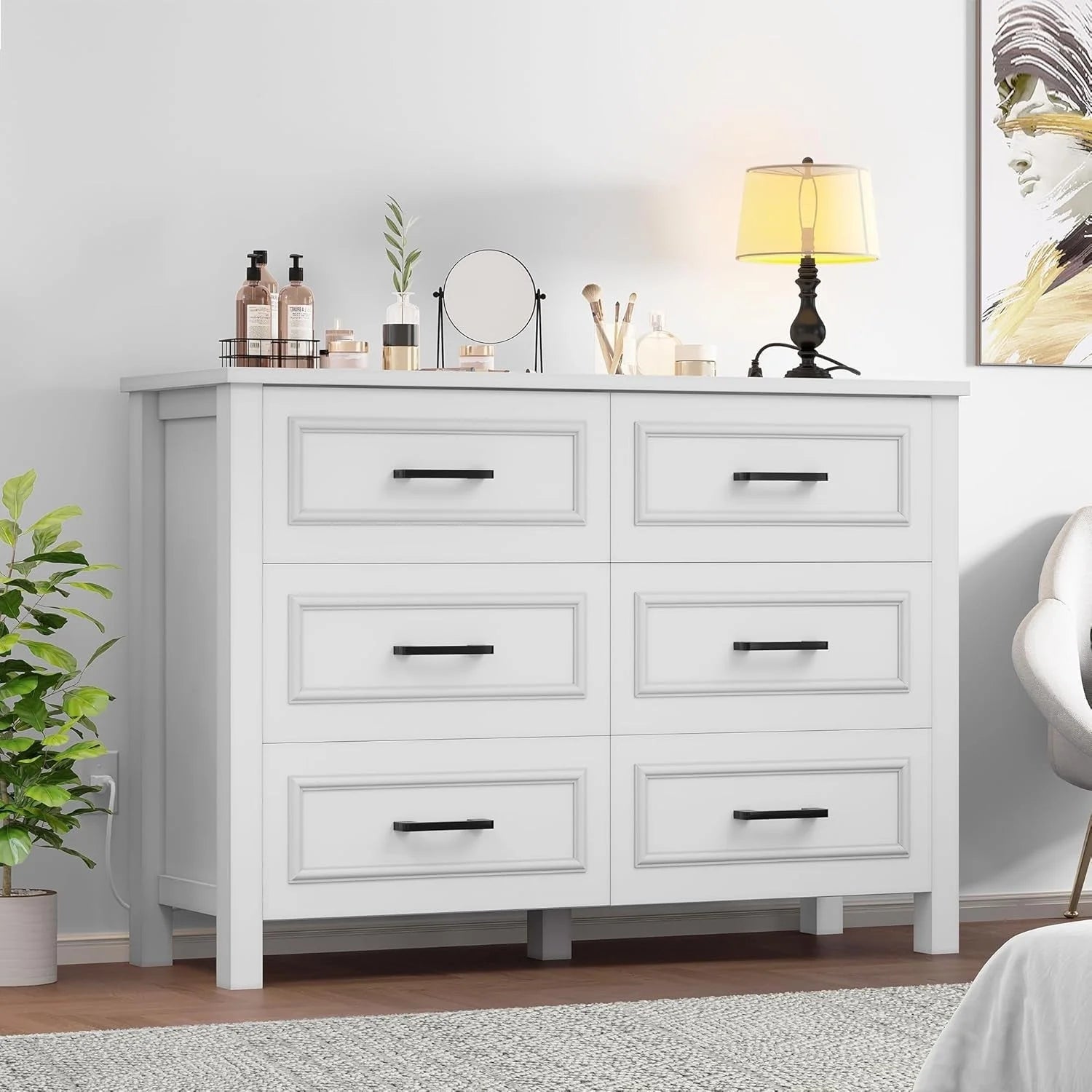 6-Drawer Dresser with Built-In Power Outlet, Wood Dresser TV Stand LUNESCAPE