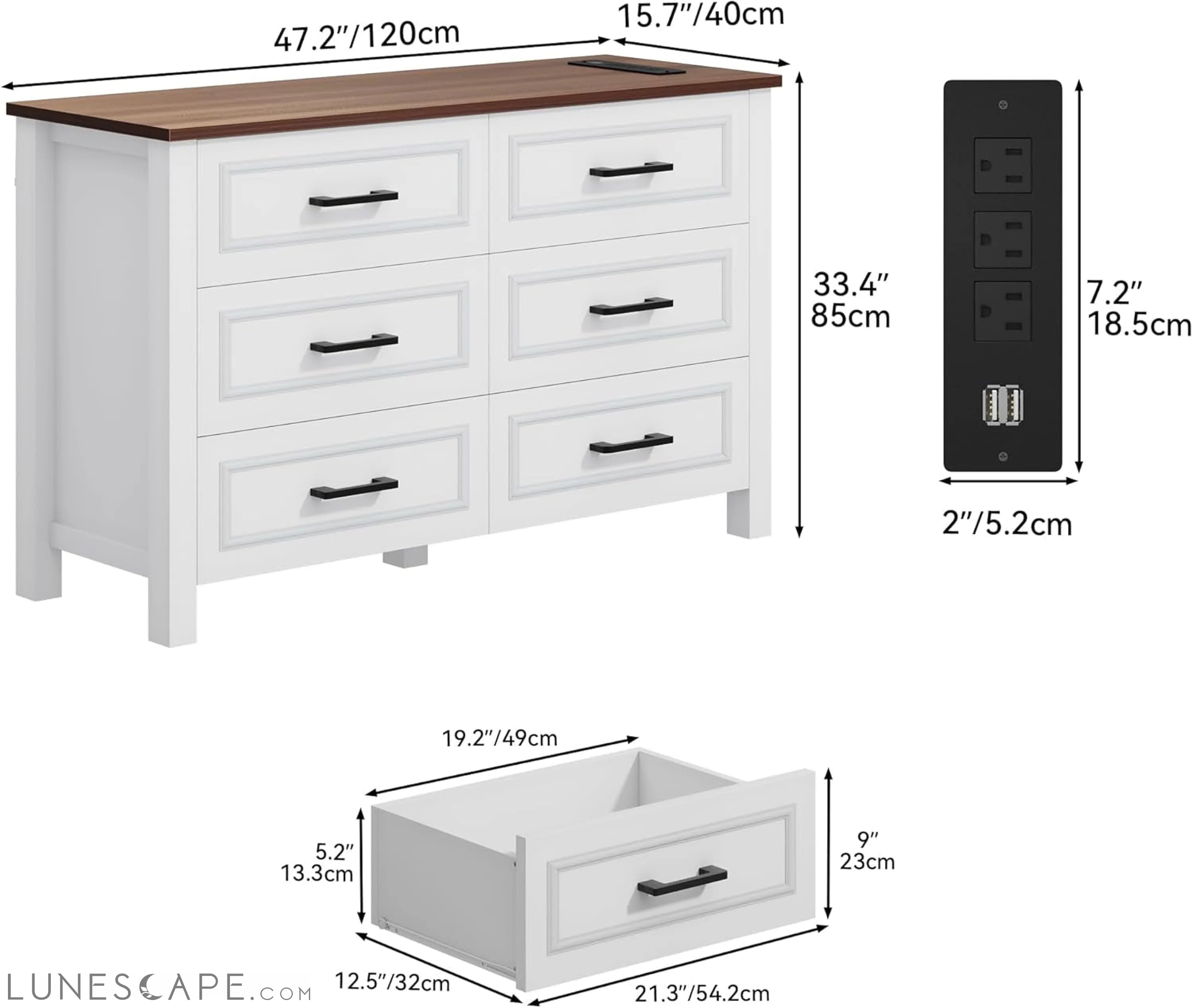 6-Drawer Dresser with Built-In Power Outlet, Wood Dresser TV Stand LUNESCAPE