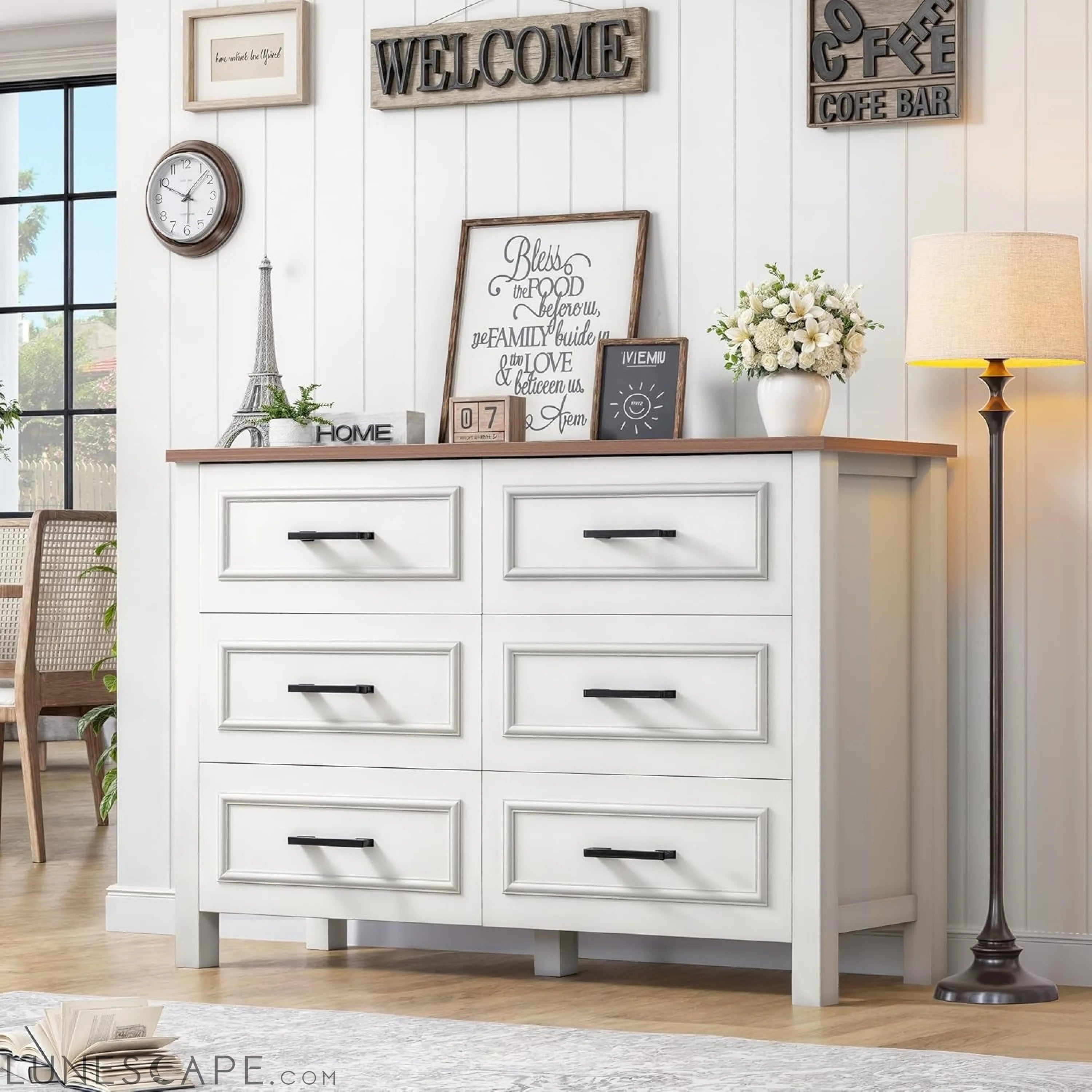 6-Drawer Dresser with Built-In Power Outlet, Wood Dresser TV Stand LUNESCAPE