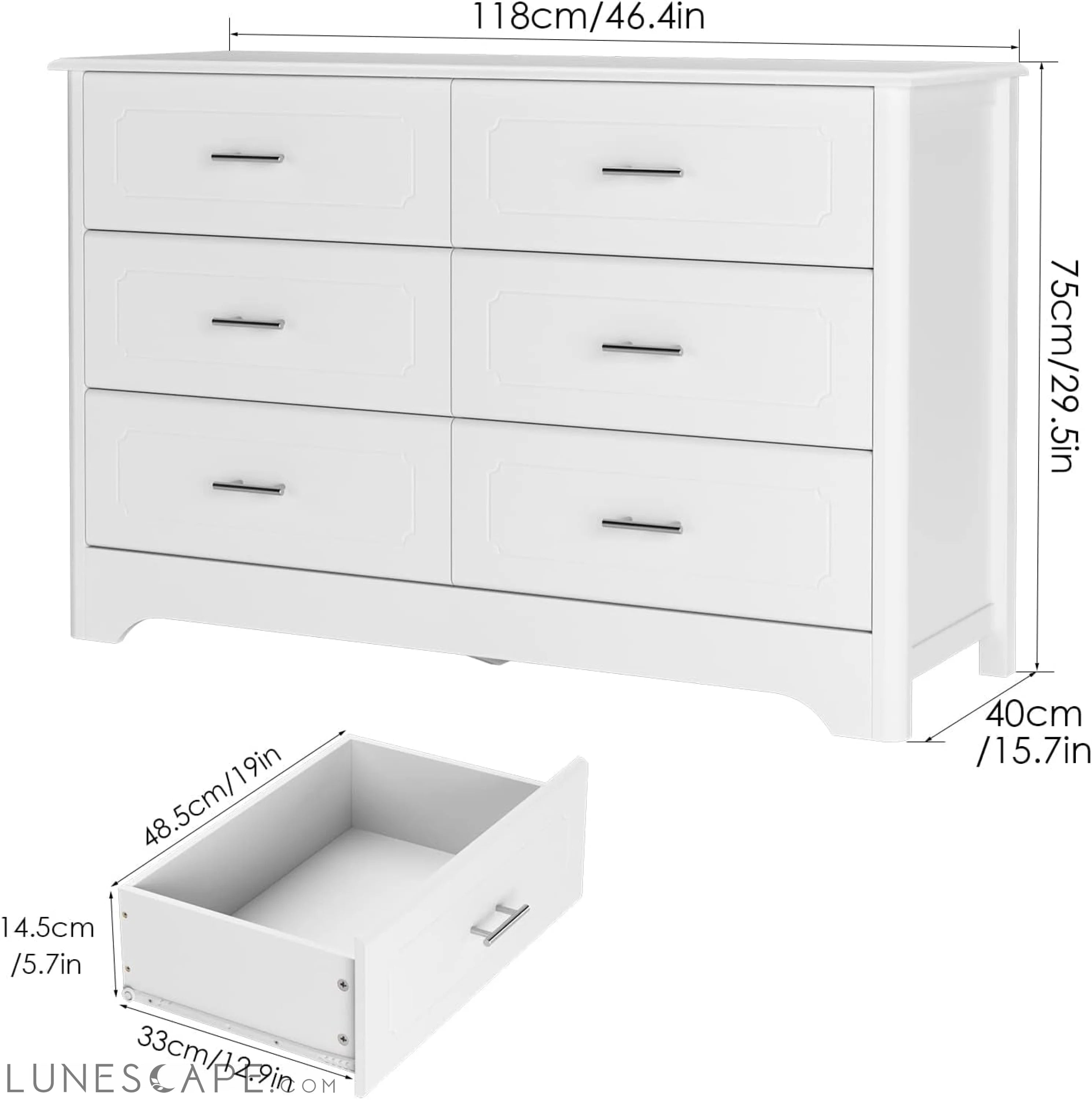 6 Drawer Dresser with Metal Handles, White LUNESCAPE