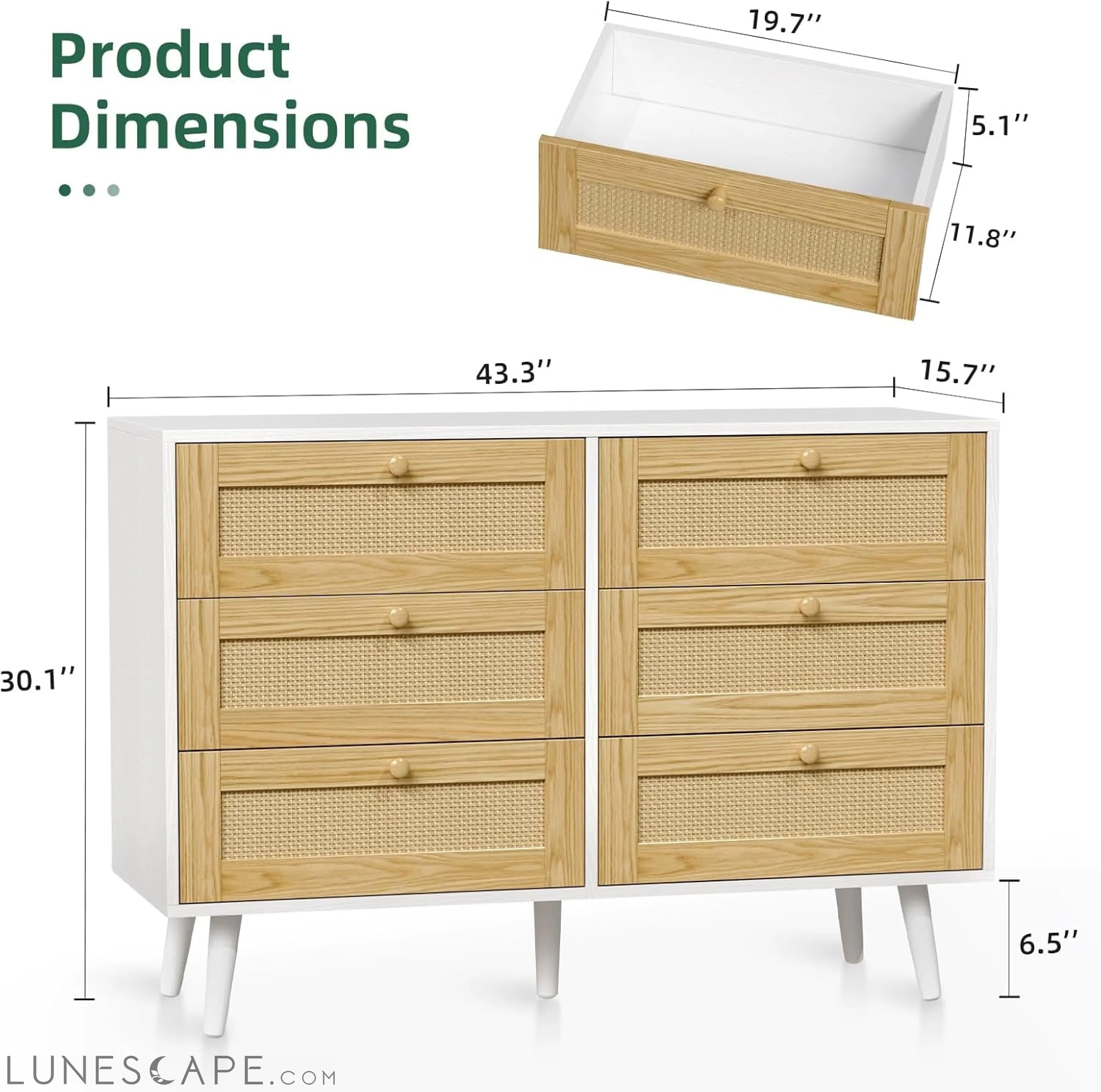 6 Drawer Rattan Modern Dresser for Bedroom, Wooden Dresser Chest with LUNESCAPE