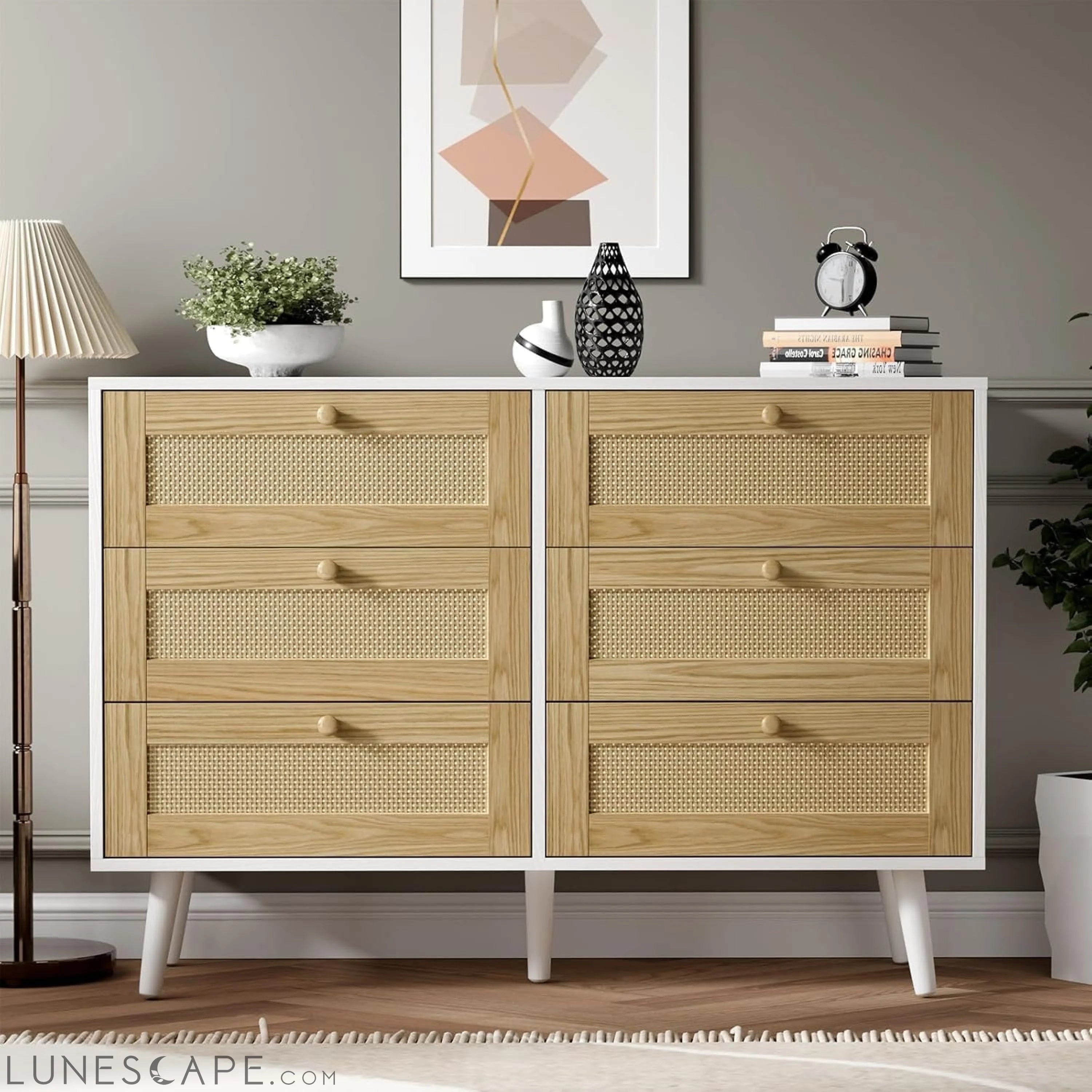 6 Drawer Rattan Modern Dresser for Bedroom, Wooden Dresser Chest with LUNESCAPE