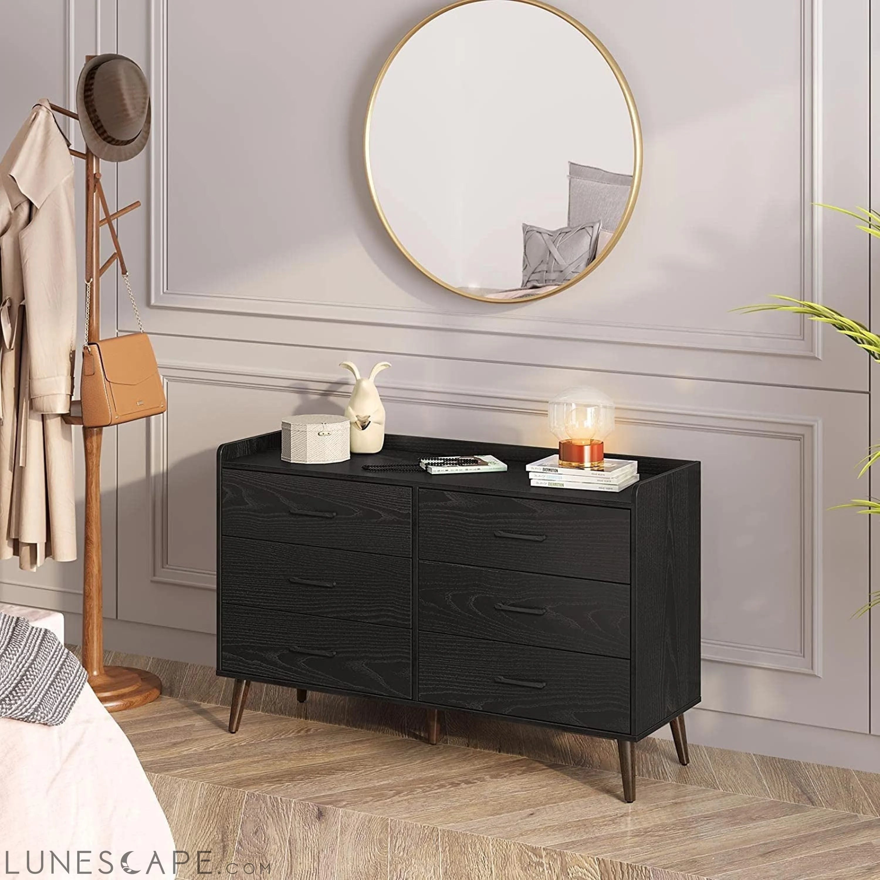 6-Drawer Storage Dresser with Dividers, Modern Black LUNESCAPE