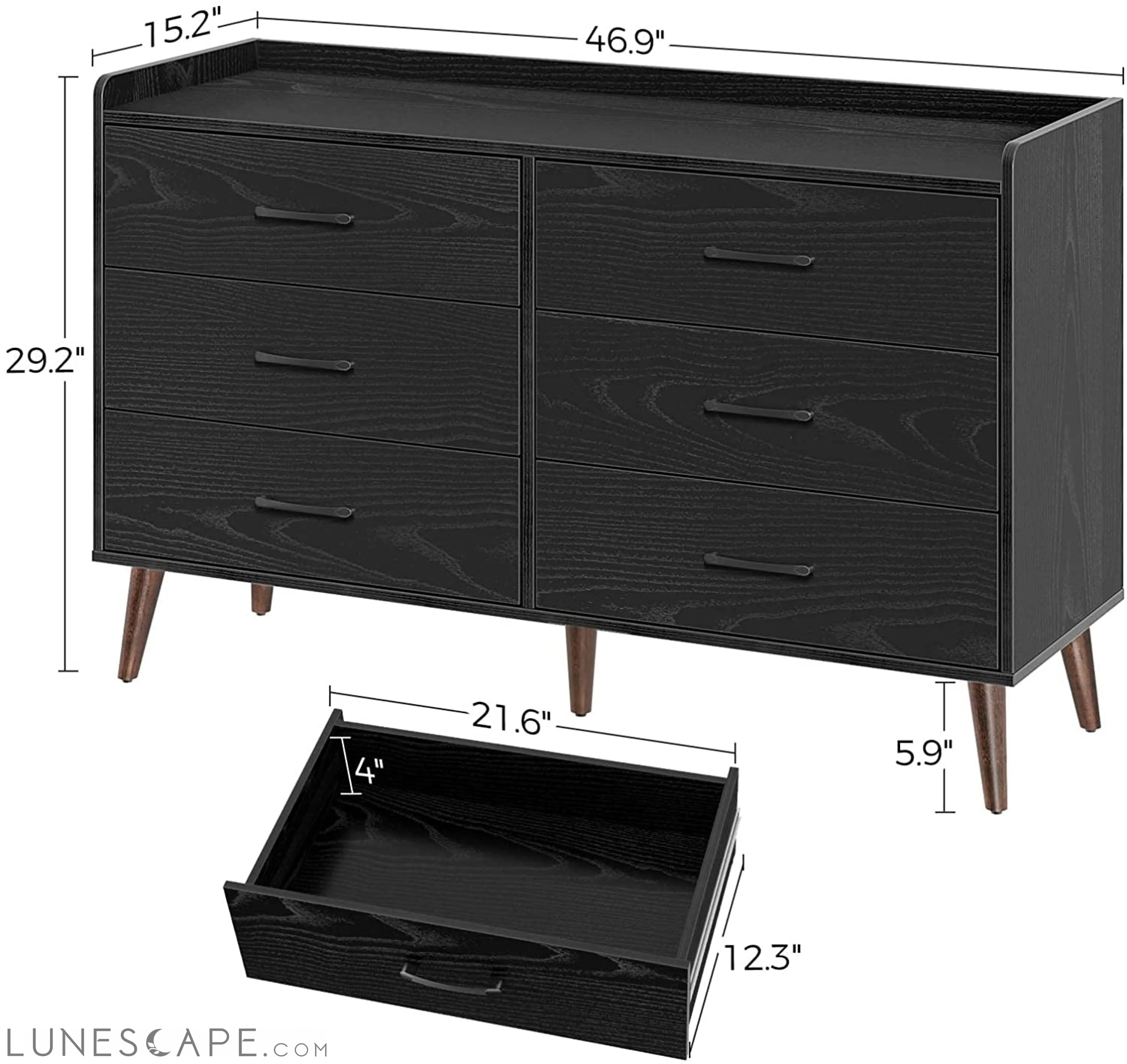 6-Drawer Storage Dresser with Dividers, Modern Black LUNESCAPE