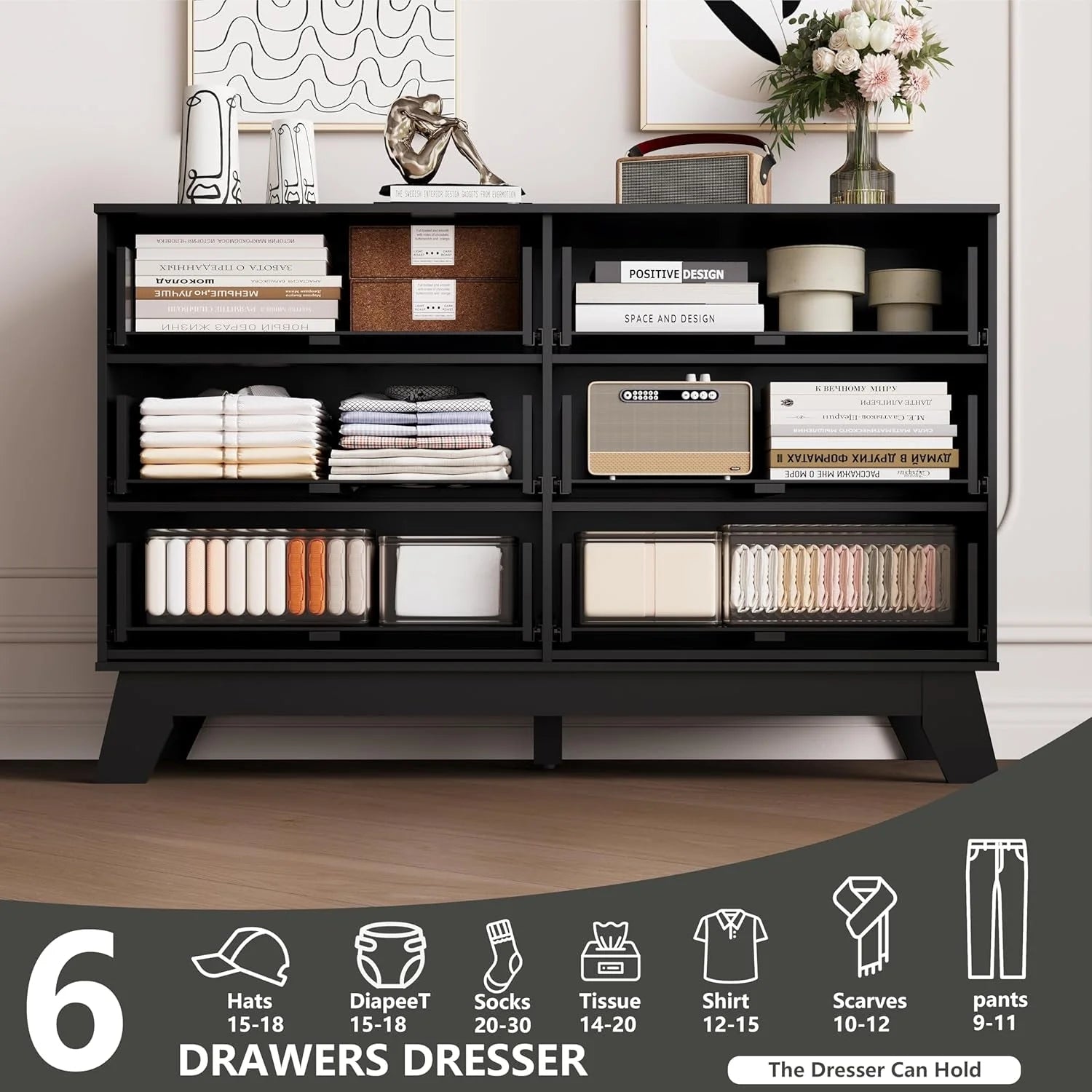 6 Drawers Dresser for Bedroom, Fluted Dresser Chest of Drawers with LUNESCAPE