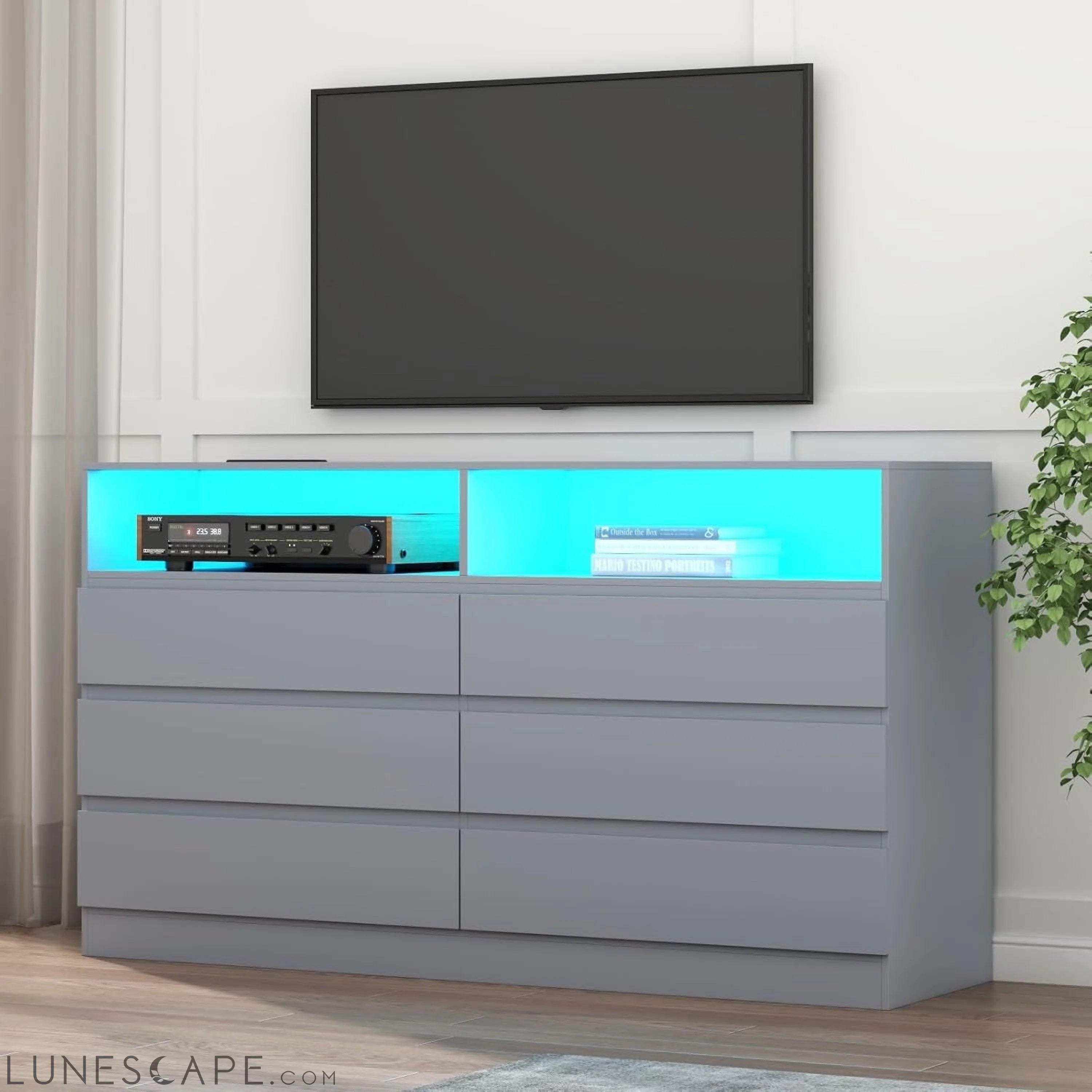 6 Drawers Dresser with Power Outlet, Accent Chests of Drawers with LED LUNESCAPE