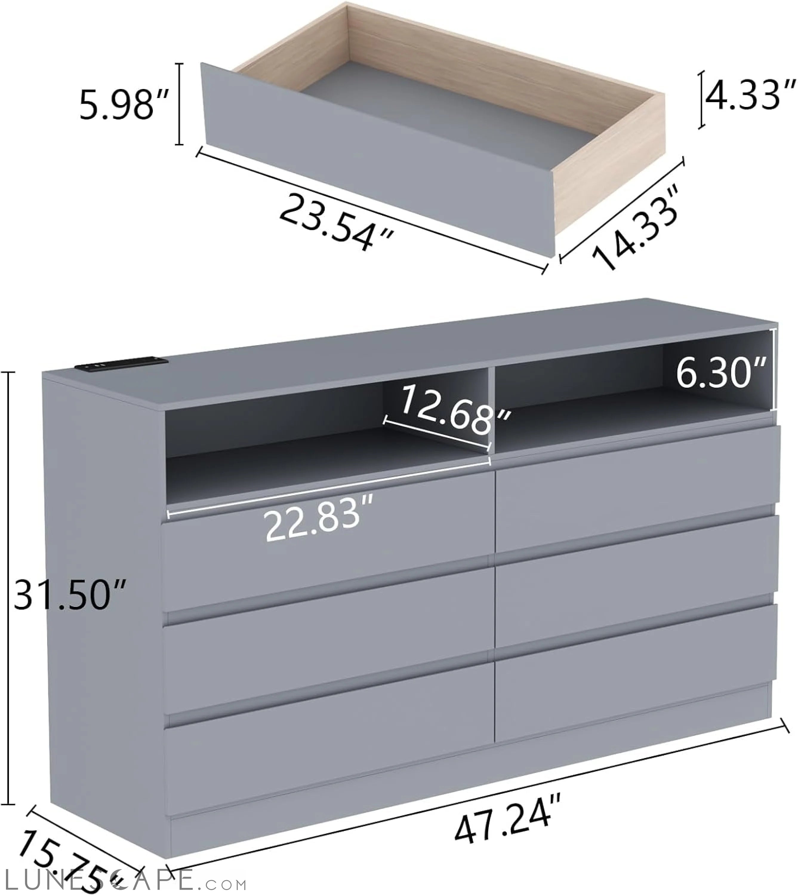 6 Drawers Dresser with Power Outlet, Accent Chests of Drawers with LED LUNESCAPE