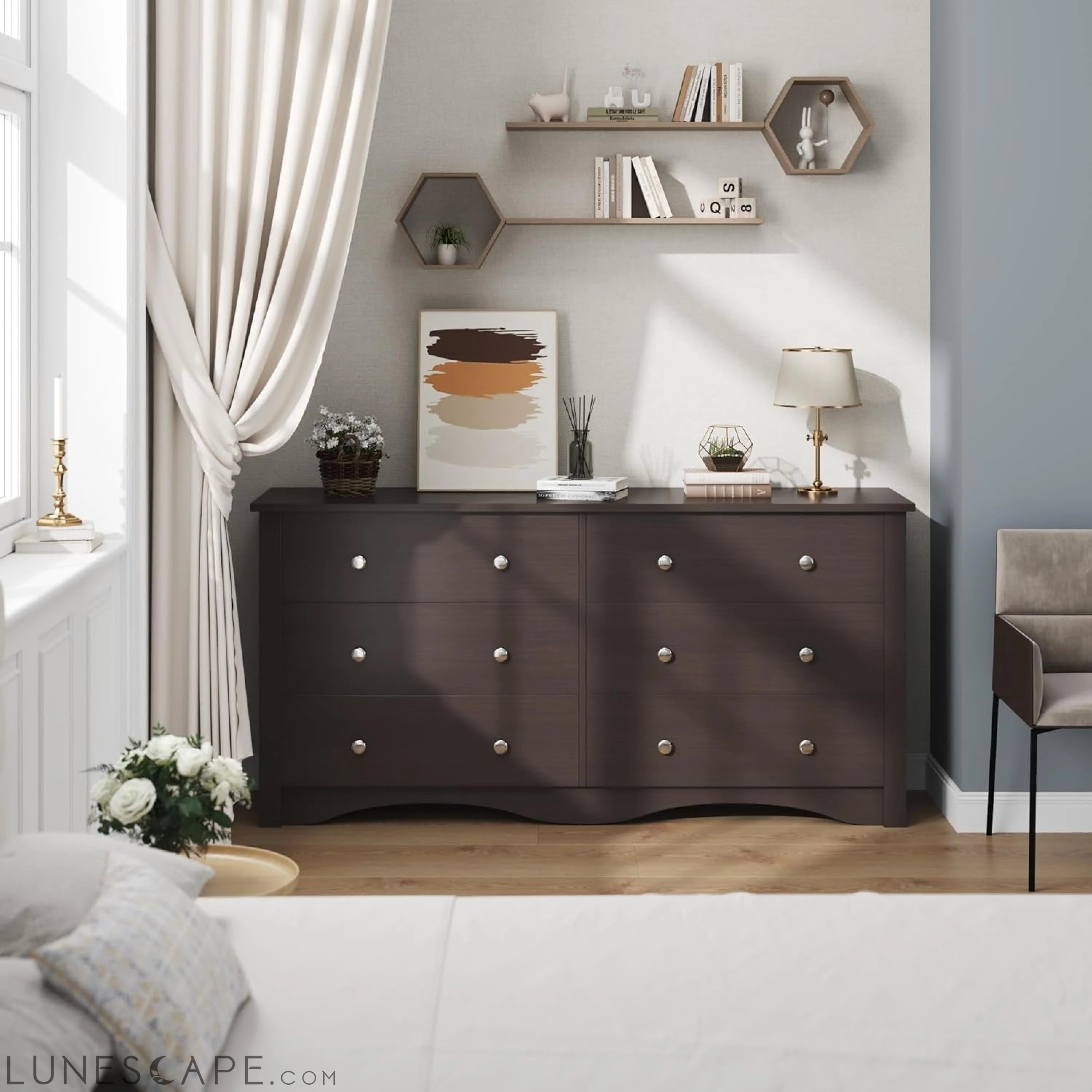 6 Wood Drawers Dresser for Bedroom, Double Dresser for TV up to 65 LUNESCAPE