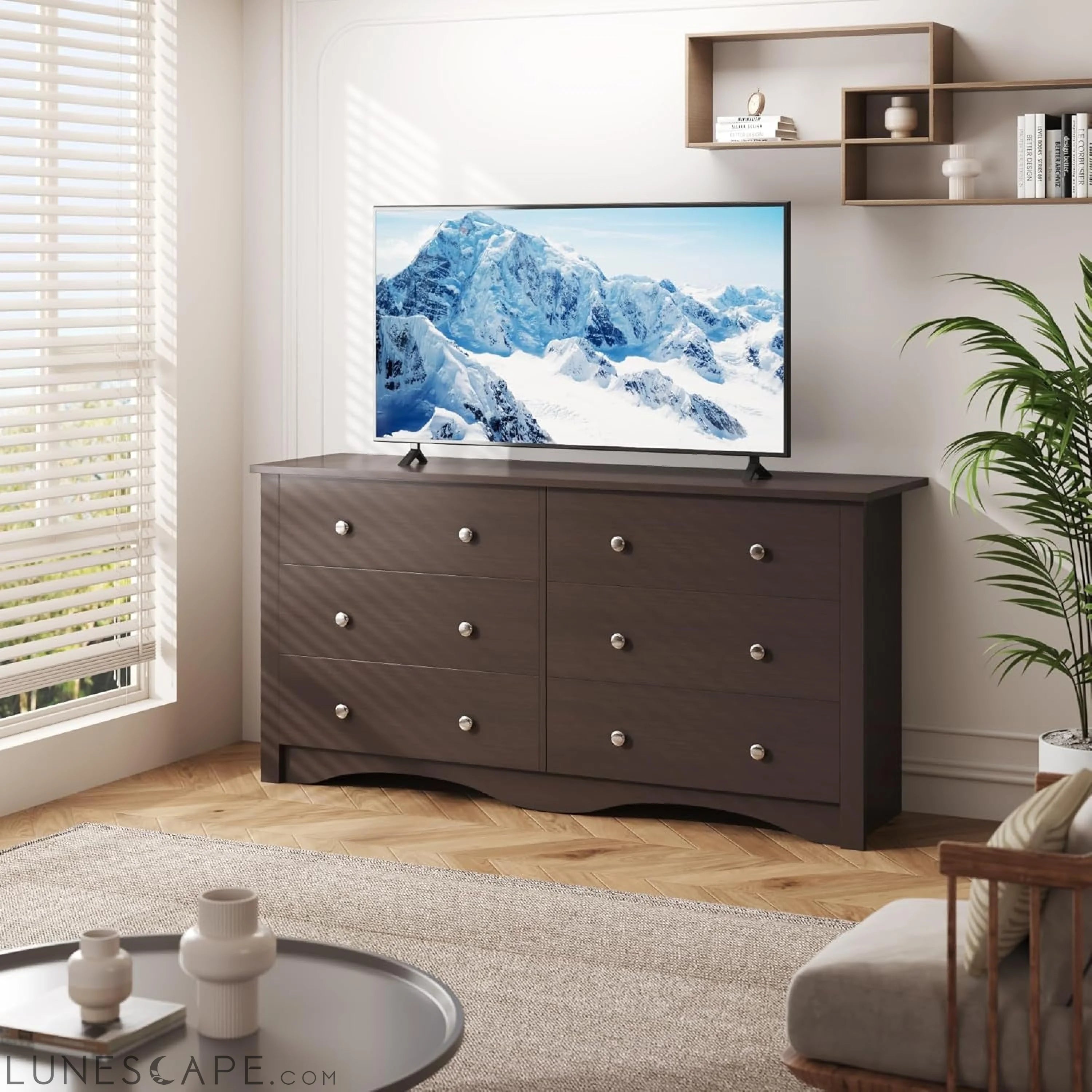 6 Wood Drawers Dresser for Bedroom, Double Dresser for TV up to 65 LUNESCAPE