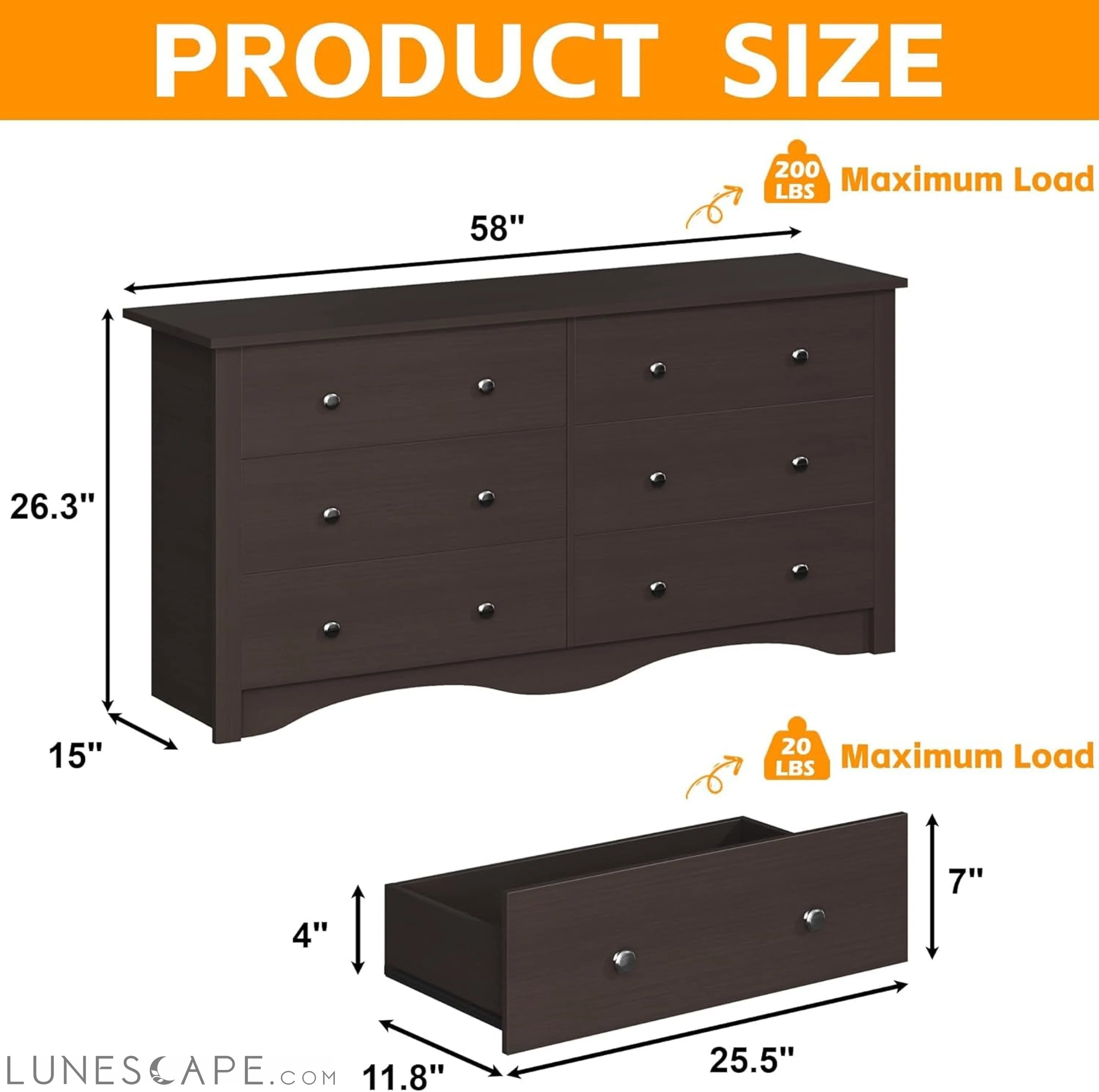 6 Wood Drawers Dresser for Bedroom, Double Dresser for TV up to 65 LUNESCAPE