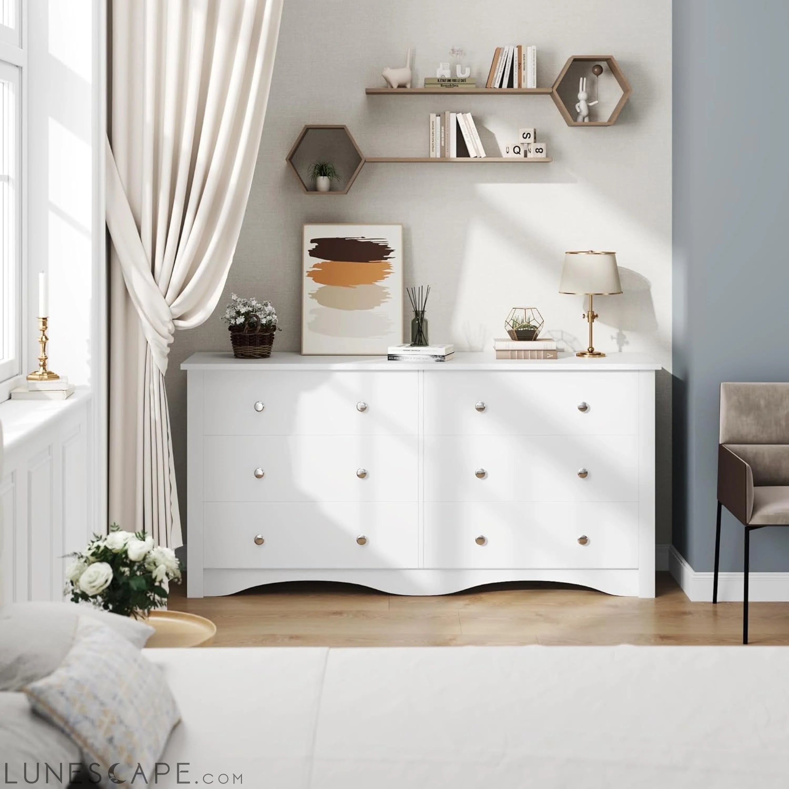 6 Wood Drawers Dresser for Bedroom, Double Dresser for TV up to 65 LUNESCAPE