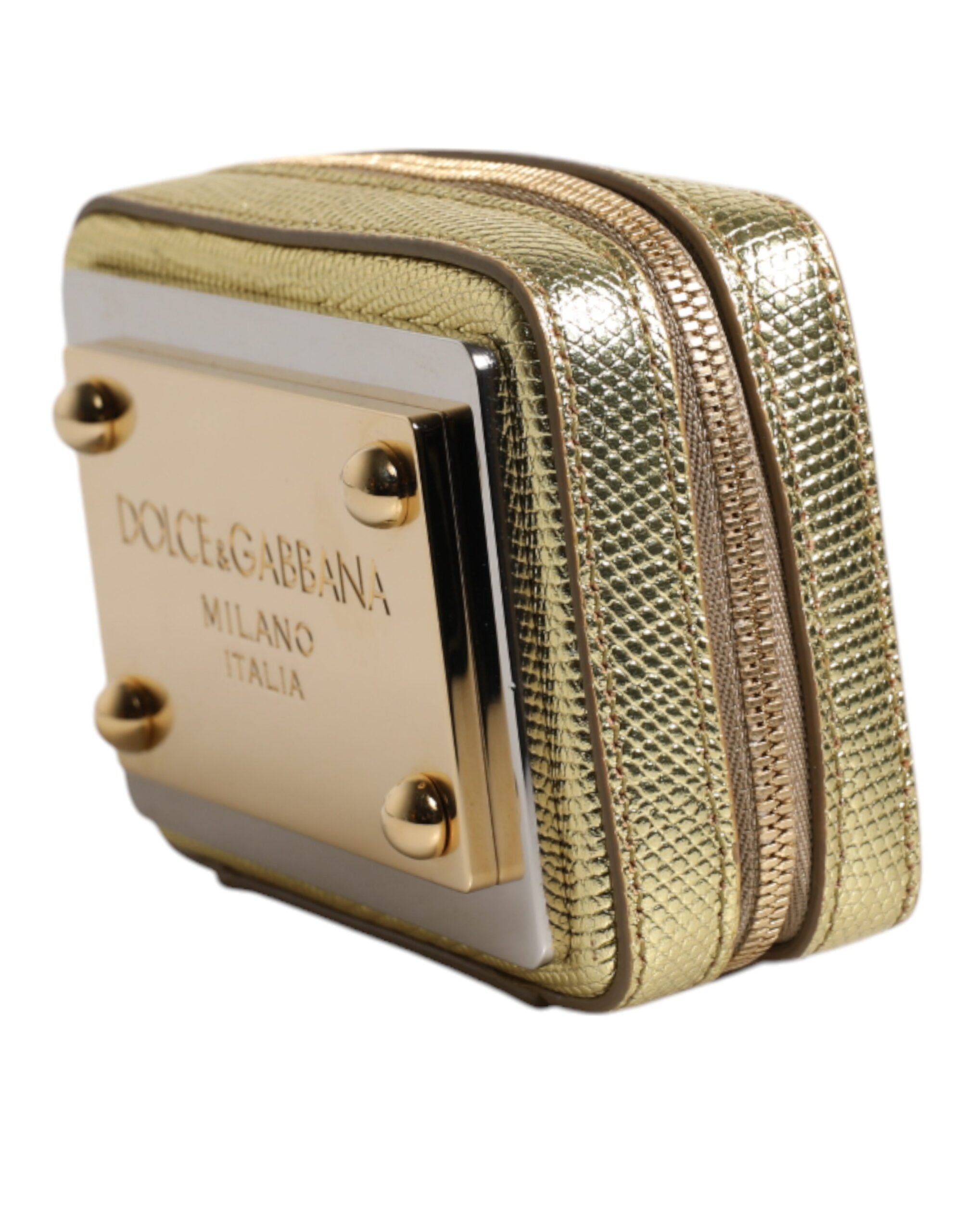 Dolce & Gabbana Gold Leather DG Logo Plaque Zip Around Clutch Bag LUNESCAPE