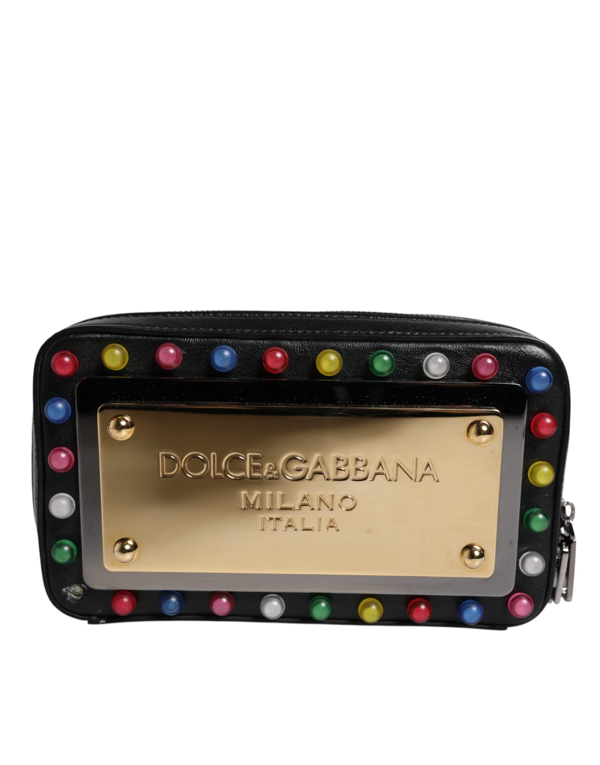 Dolce & Gabbana Black Leather LED Logo Wrist Strap Clutch Bag LUNESCAPE
