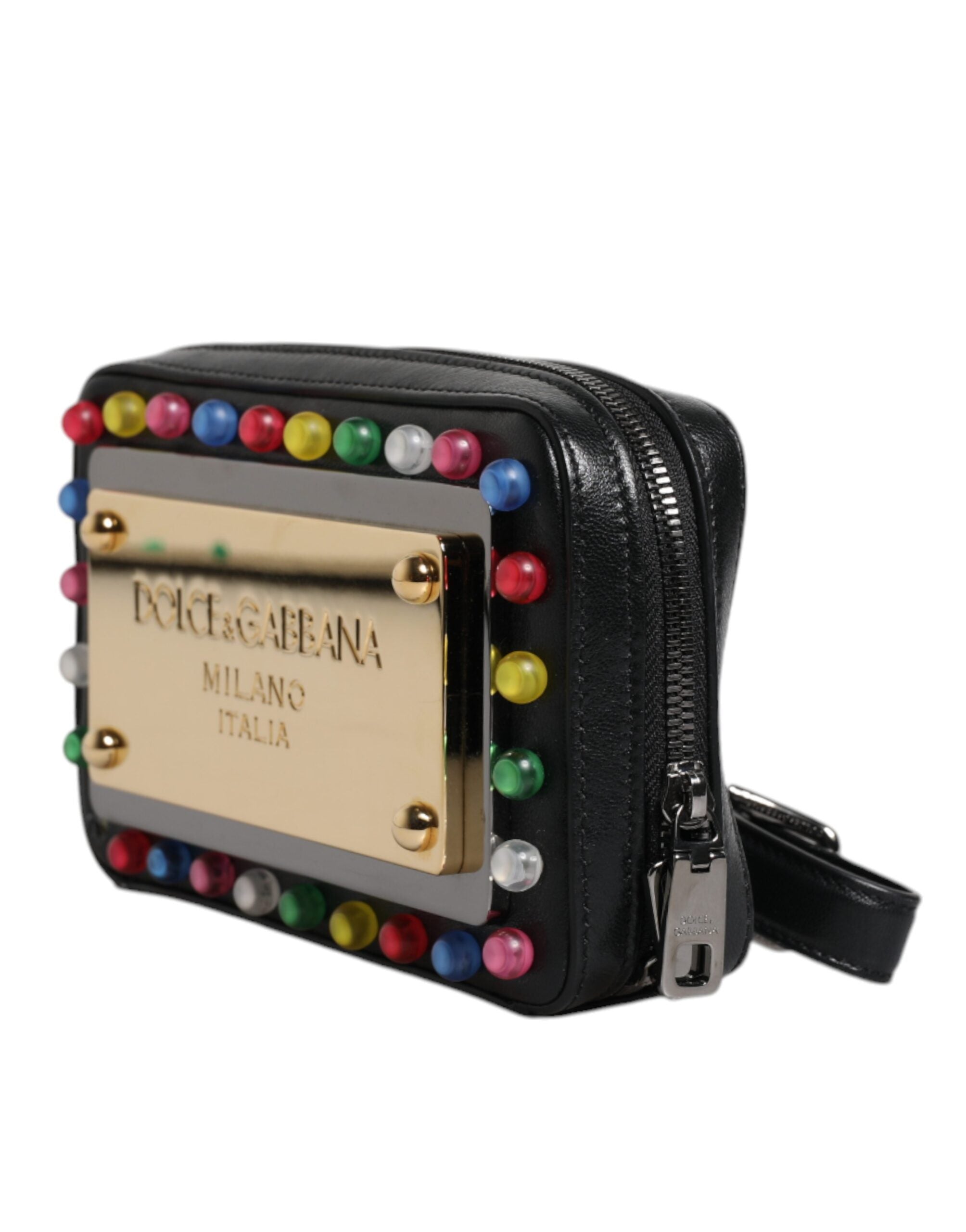 Dolce & Gabbana Black Leather LED Logo Wrist Strap Clutch Bag LUNESCAPE