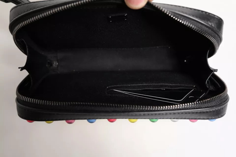 Dolce & Gabbana Black Leather LED Logo Wrist Strap Clutch Bag LUNESCAPE