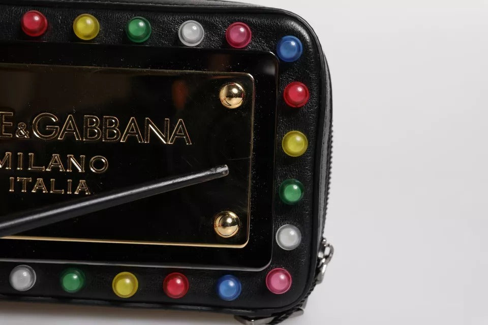 Dolce & Gabbana Black Leather LED Logo Wrist Strap Clutch Bag LUNESCAPE