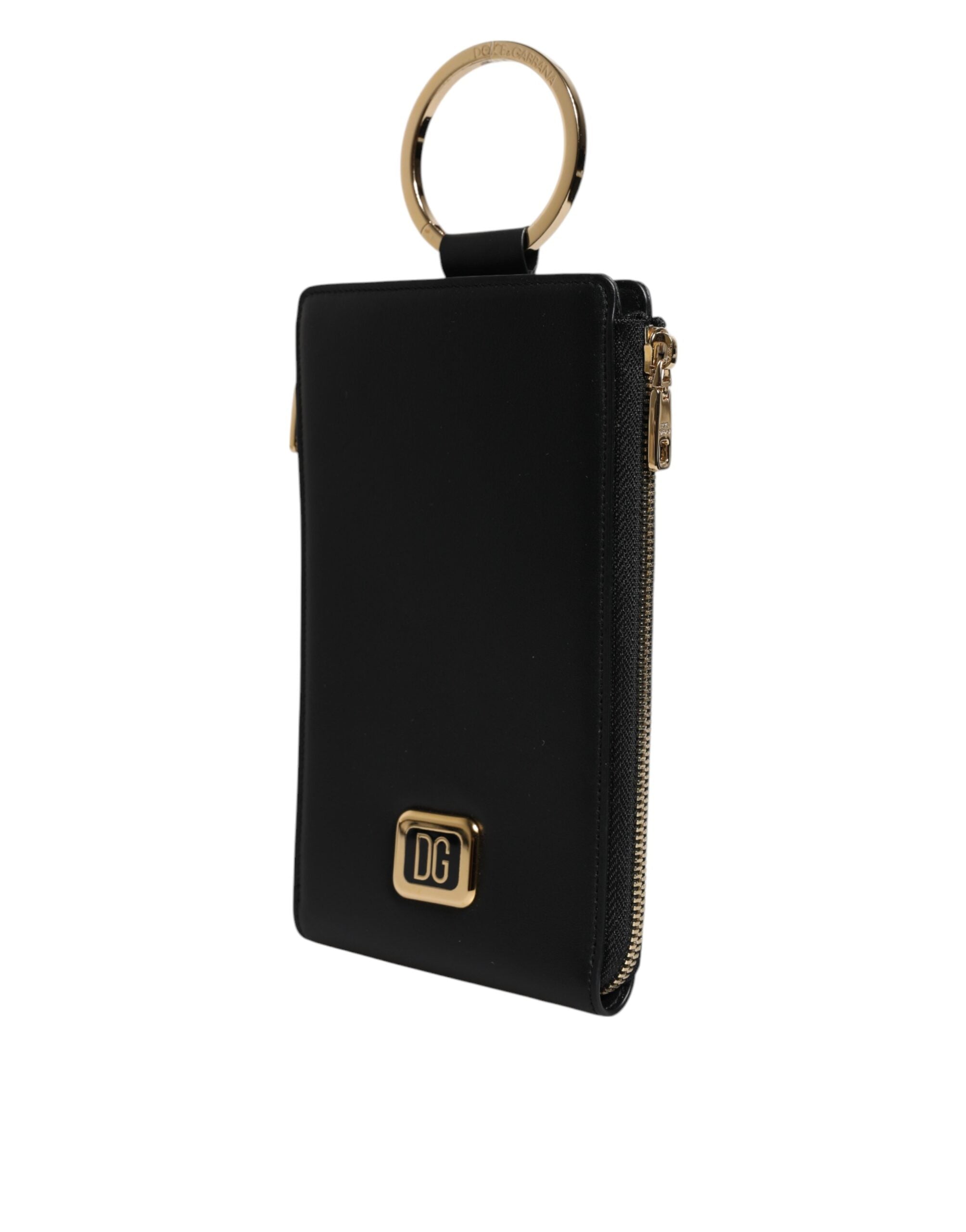 Dolce & Gabbana Black Leather Logo Plaque Neck Strap Card Coin Wallet LUNESCAPE