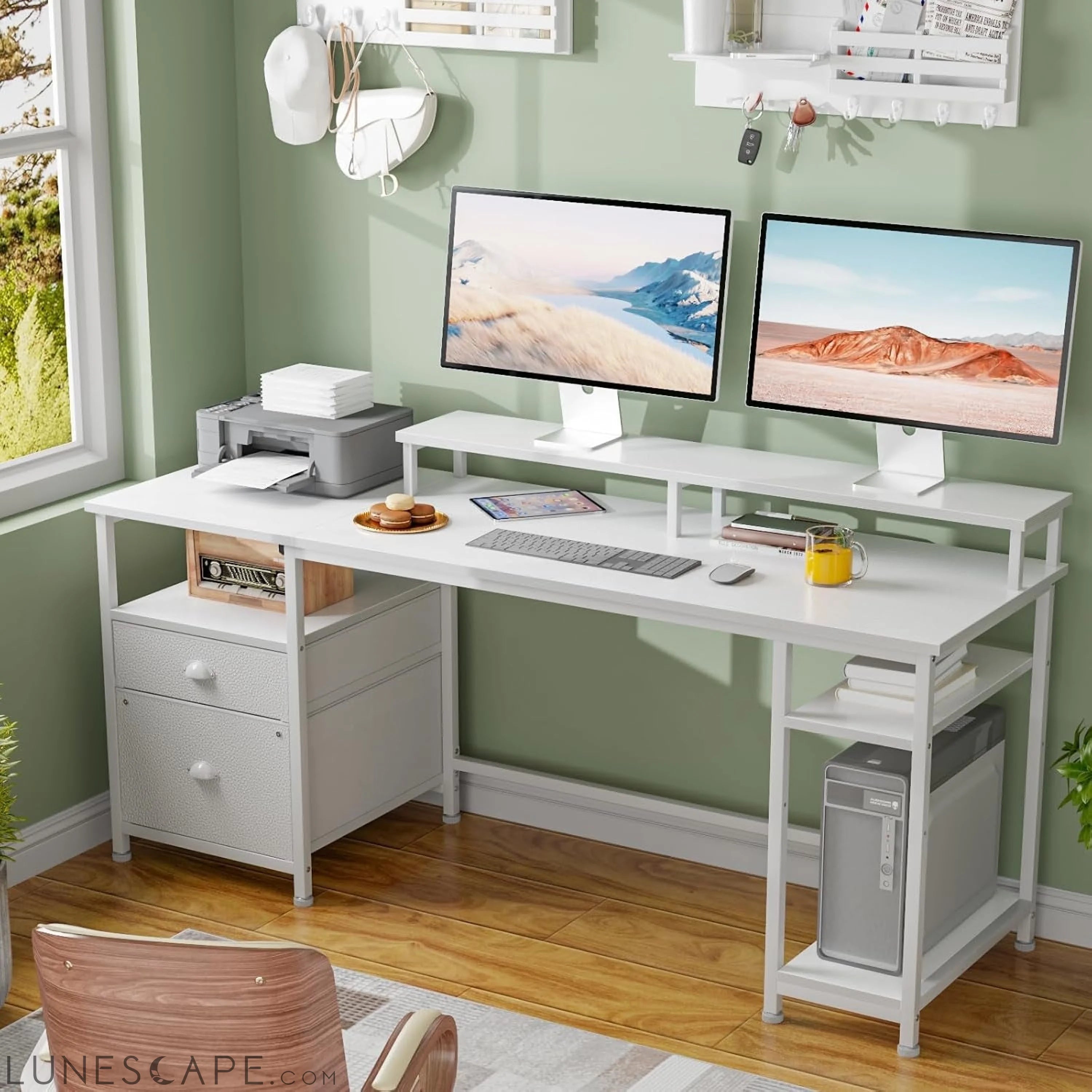 61'' Computer Desk with Fabric File Cabinet & Drawer, Reversible White LUNESCAPE