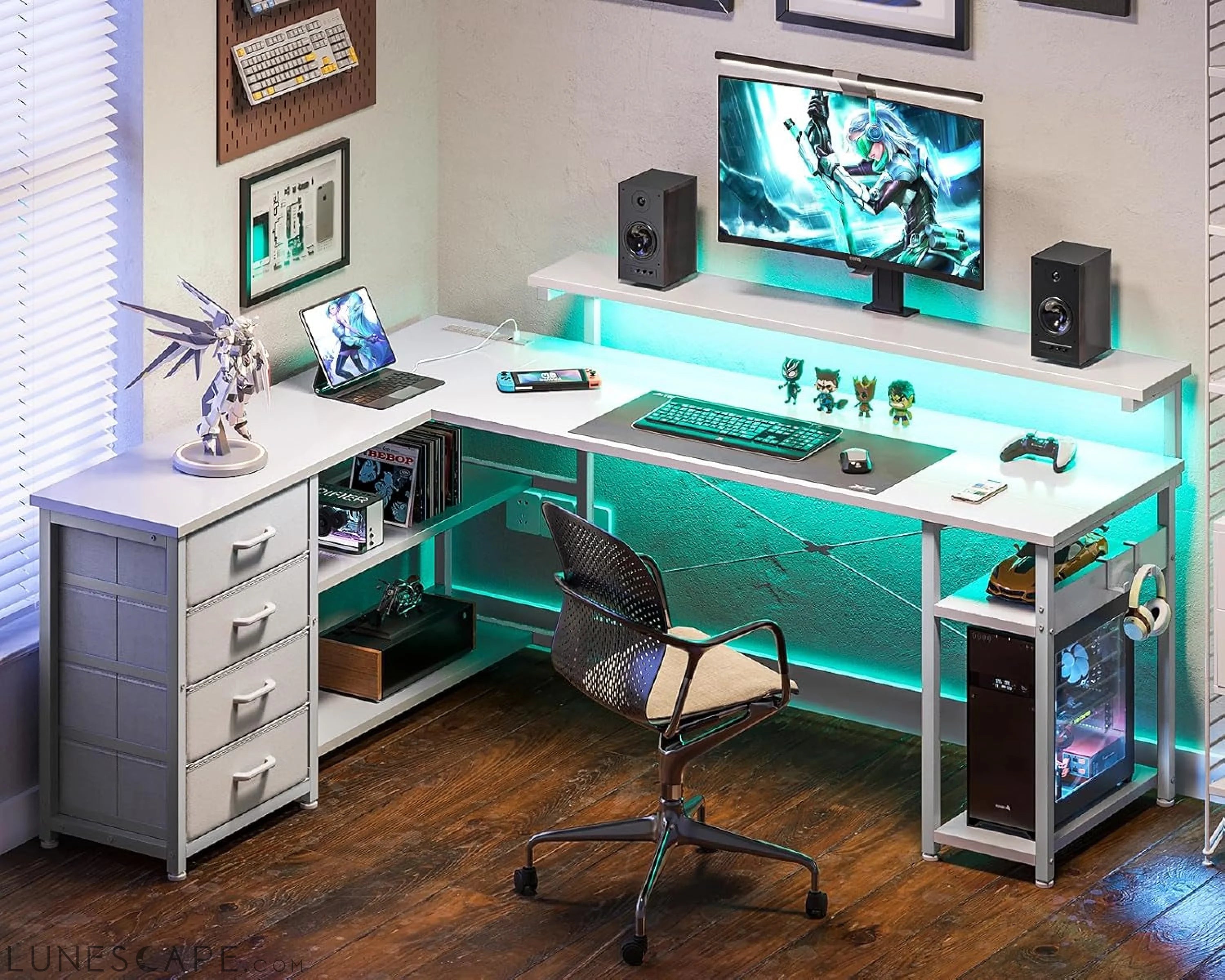 61" L Shaped Desk with Drawer, Computer Desk with Power Outlets & LED LUNESCAPE