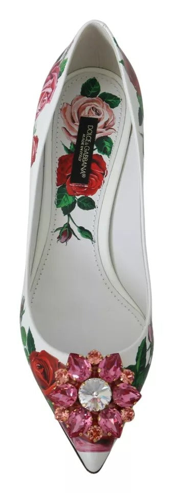 Dolce & Gabbana White Leather Roses Crystal Pumps Shoes LUNESCAPE