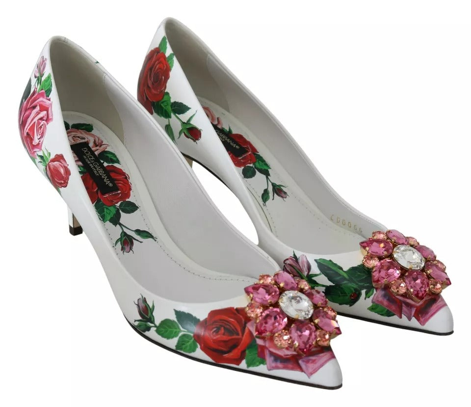 Dolce & Gabbana White Leather Roses Crystal Pumps Shoes LUNESCAPE