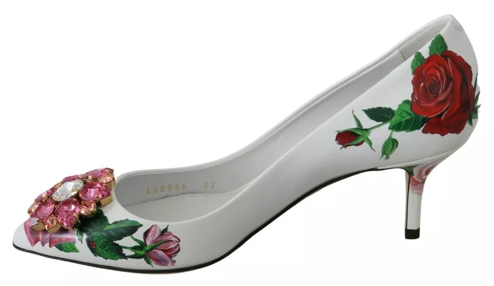 Dolce & Gabbana White Leather Roses Crystal Pumps Shoes LUNESCAPE