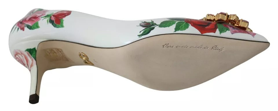 Dolce & Gabbana White Leather Roses Crystal Pumps Shoes LUNESCAPE