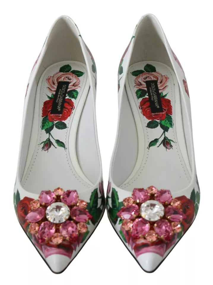 Dolce & Gabbana White Leather Roses Crystal Pumps Shoes LUNESCAPE