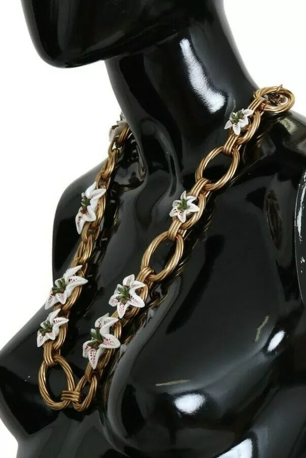 Dolce & Gabbana Gold Brass Oversize Chain LILY Flowers Necklace LUNESCAPE