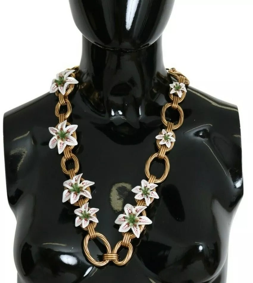 Dolce & Gabbana Gold Brass Oversize Chain LILY Flowers Necklace LUNESCAPE