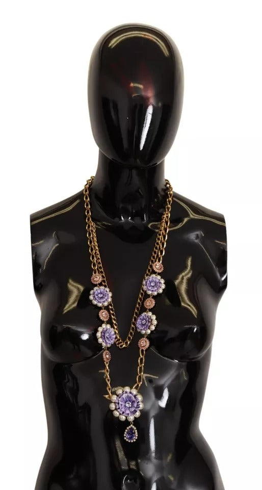 Dolce & Gabbana Gold Tone Floral Crystals Purple Embellished Necklace LUNESCAPE