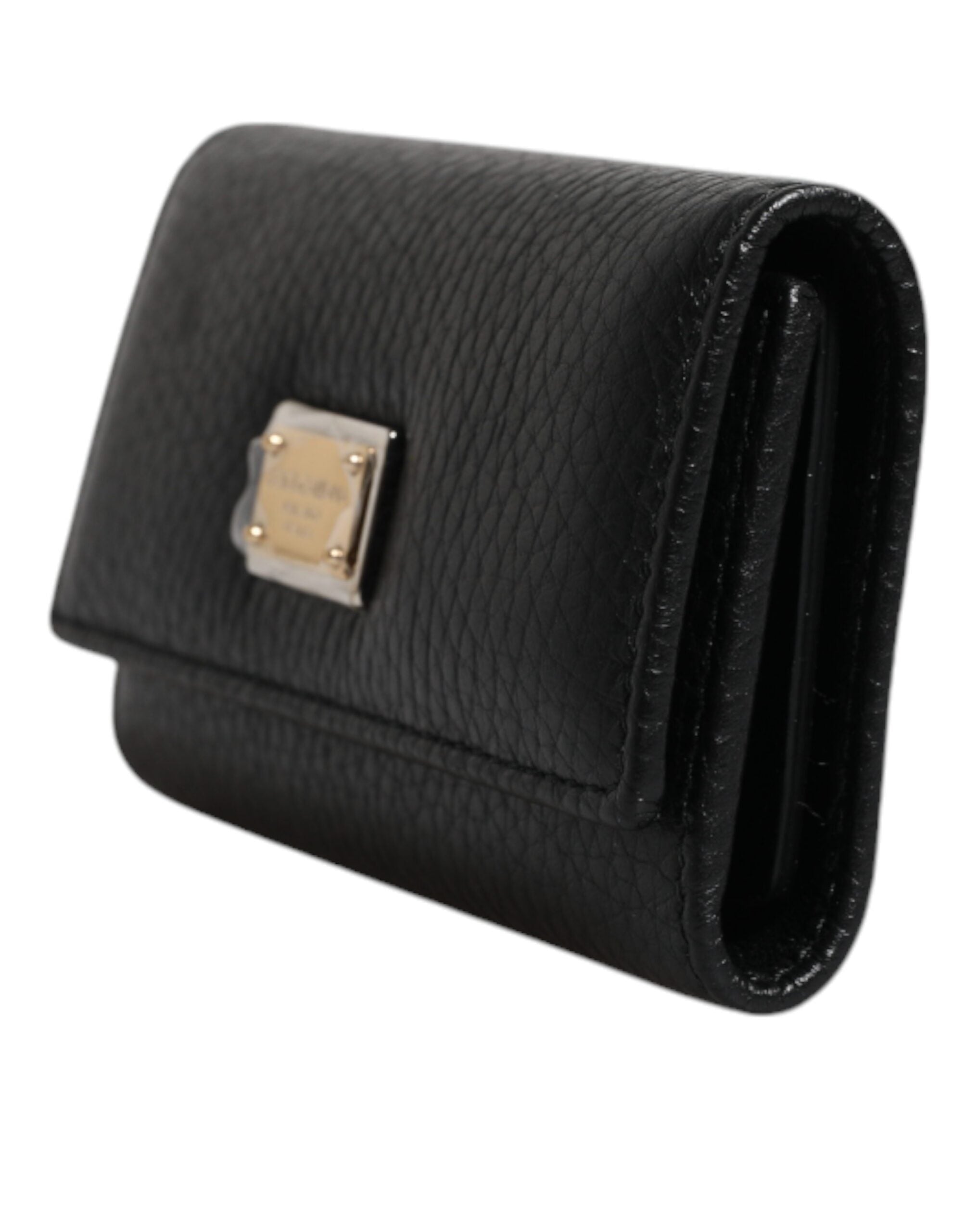 Dolce & Gabbana Black Leather Gold Metal Logo Plaque Trifold Keyring LUNESCAPE