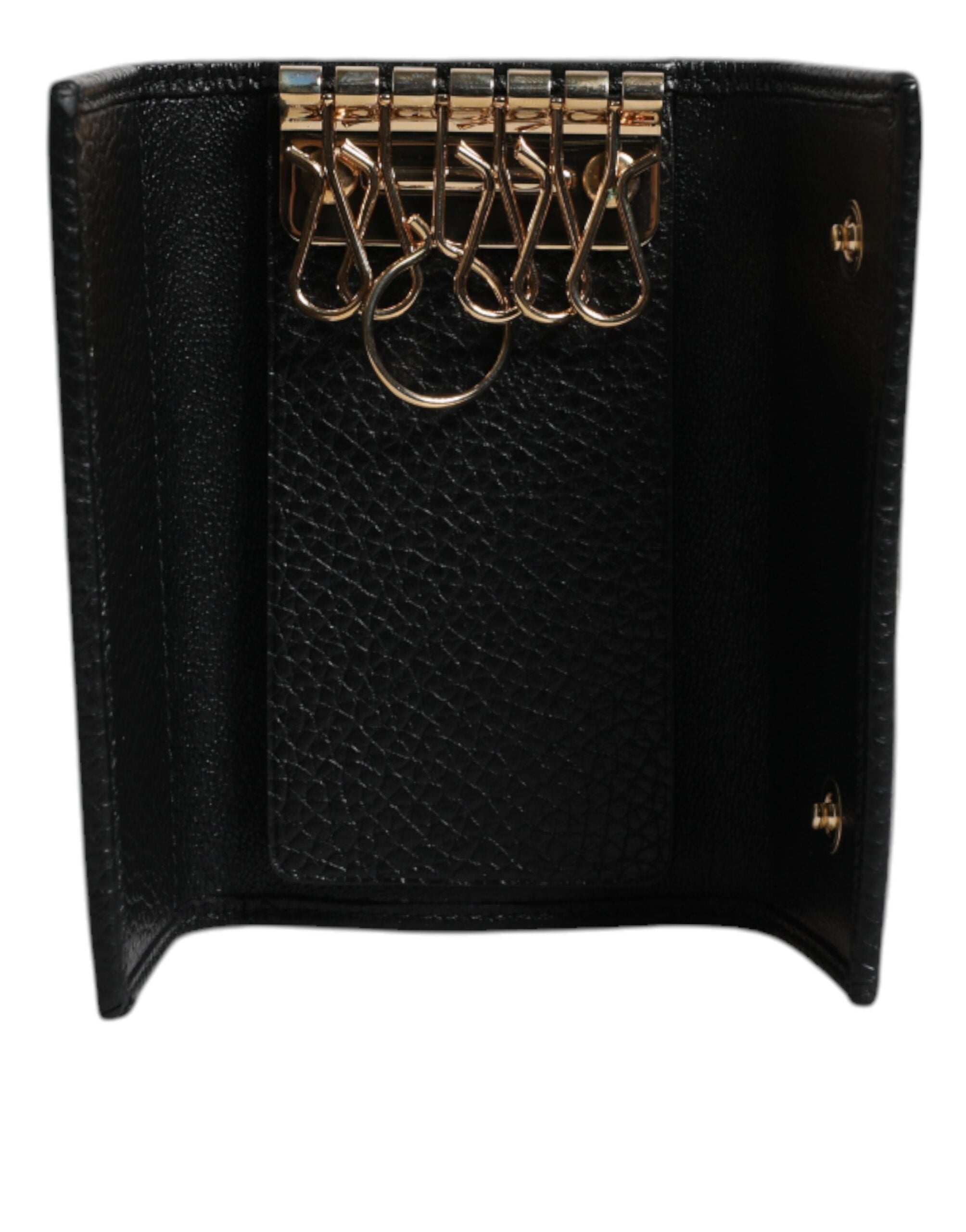 Dolce & Gabbana Black Leather Gold Metal Logo Plaque Trifold Keyring LUNESCAPE