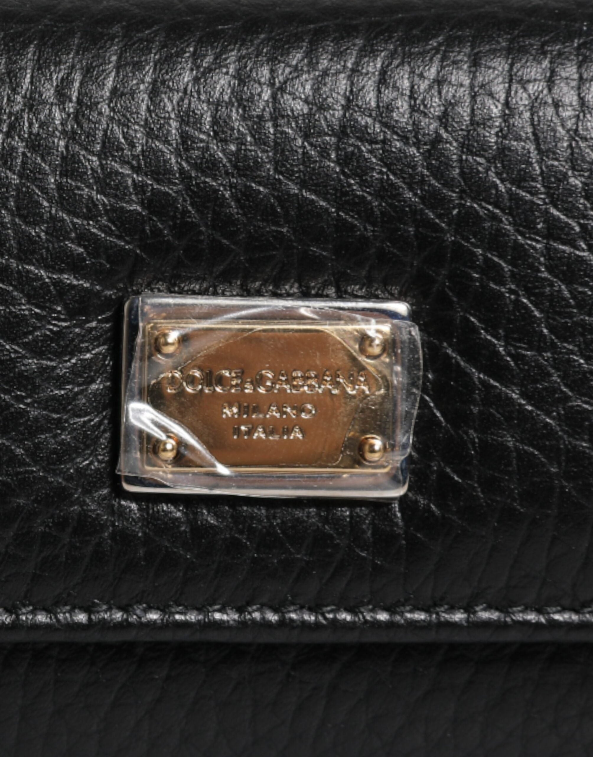 Dolce & Gabbana Black Leather Gold Metal Logo Plaque Trifold Keyring LUNESCAPE