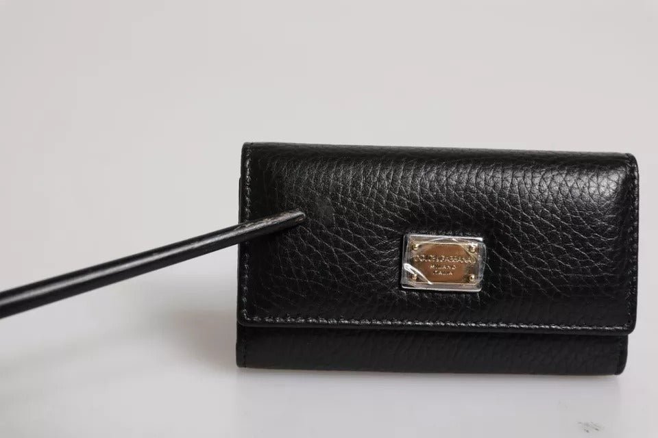 Dolce & Gabbana Black Leather Gold Metal Logo Plaque Trifold Keyring LUNESCAPE